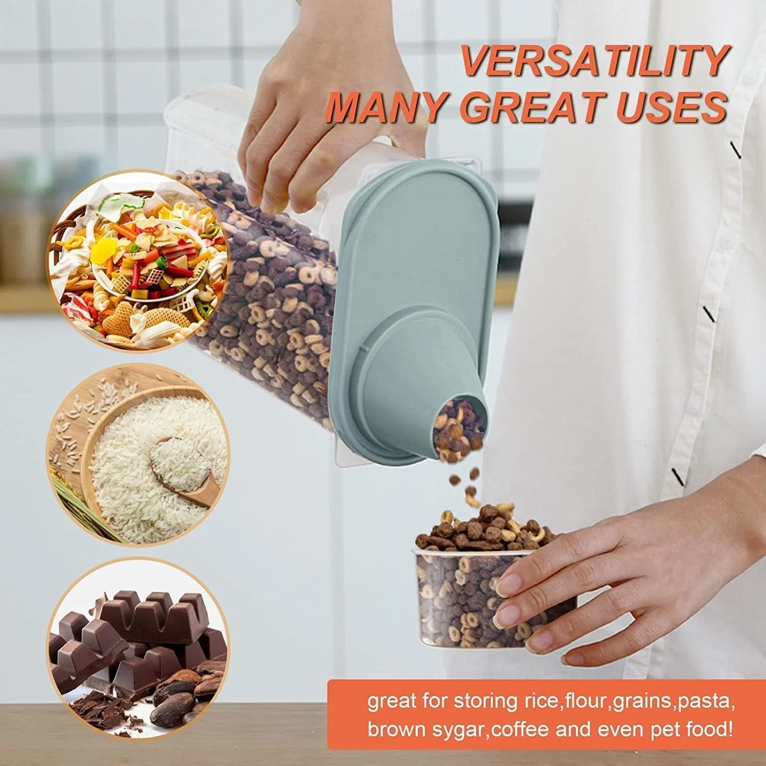 ست 4 عددی ظروف نگهداری غلات پریمیفای | ظرفیت 2.5 لیتر / 2 کیلوگرم، ظرف نگهداری مواد غذایی درب دار | سطل/دیسپنسر نگهداری برنج پلاستیکی بدون BPA + پیمانه اندازه گیری و دهانه خروجی