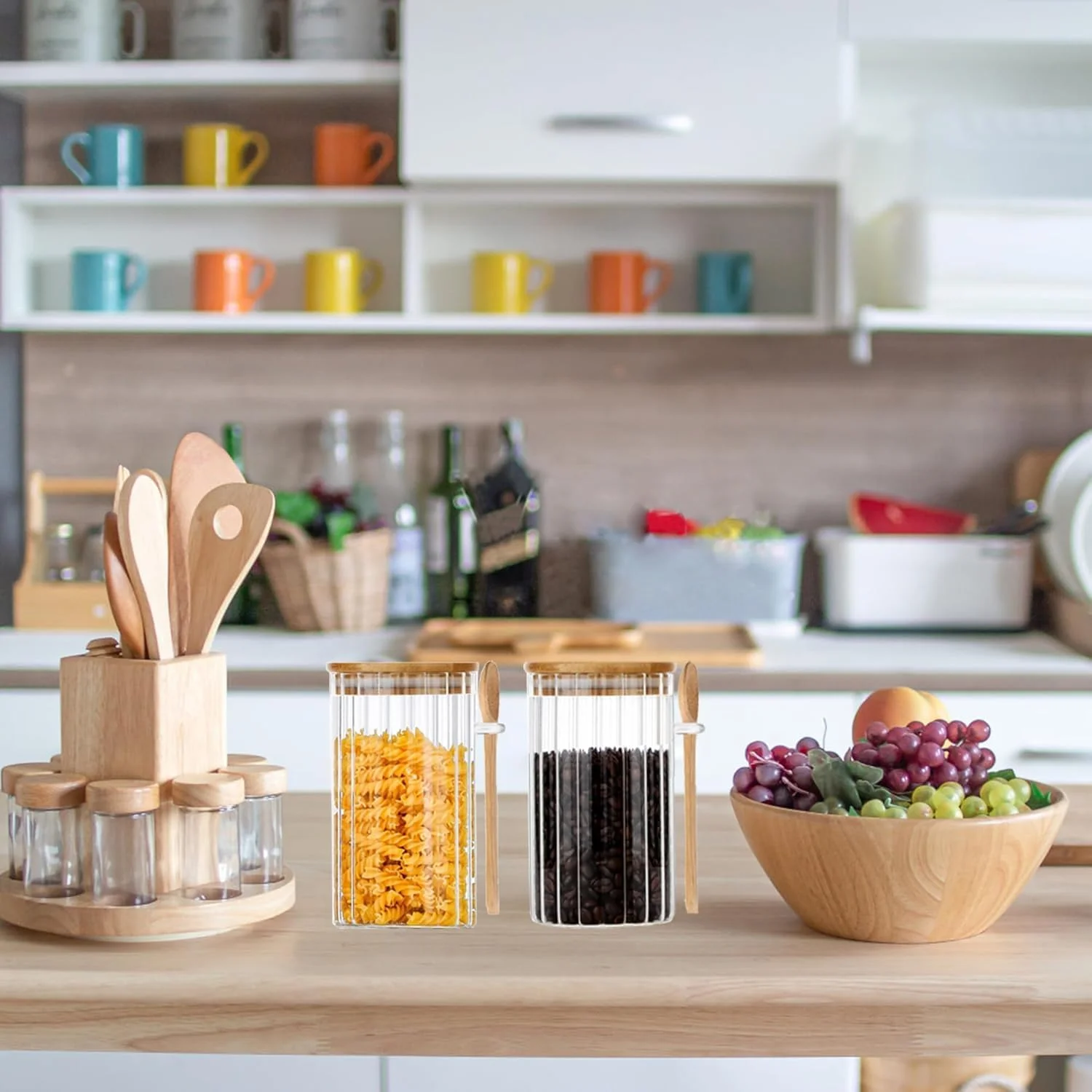 ظروف شیشه ای برای مواد غذایی، ظرف نگهداری قهوه با درب بامبو هواگیر، ظروف جو دوسر یک شبه 2 عددی، ظروف نگهداری مواد غذایی برای دانه های قهوه، آرد، شکر، کلوچه، پاستا، آجیل (750 میلی لیتر)