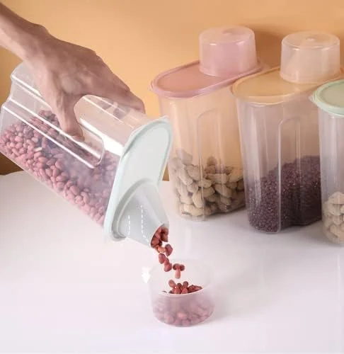 ست 4 عددی ظروف نگهداری غلات پریمیفای | ظرفیت 2.5 لیتر / 2 کیلوگرم، ظرف نگهداری مواد غذایی درب دار | سطل/دیسپنسر نگهداری برنج پلاستیکی بدون BPA + پیمانه اندازه گیری و دهانه خروجی