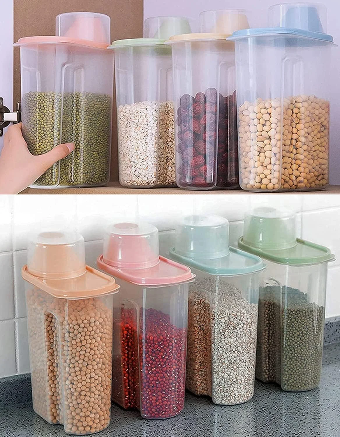 ست 4 عددی ظروف نگهداری غلات پریمیفای | ظرفیت 2.5 لیتر / 2 کیلوگرم، ظرف نگهداری مواد غذایی درب دار | سطل/دیسپنسر نگهداری برنج پلاستیکی بدون BPA + پیمانه اندازه گیری و دهانه خروجی