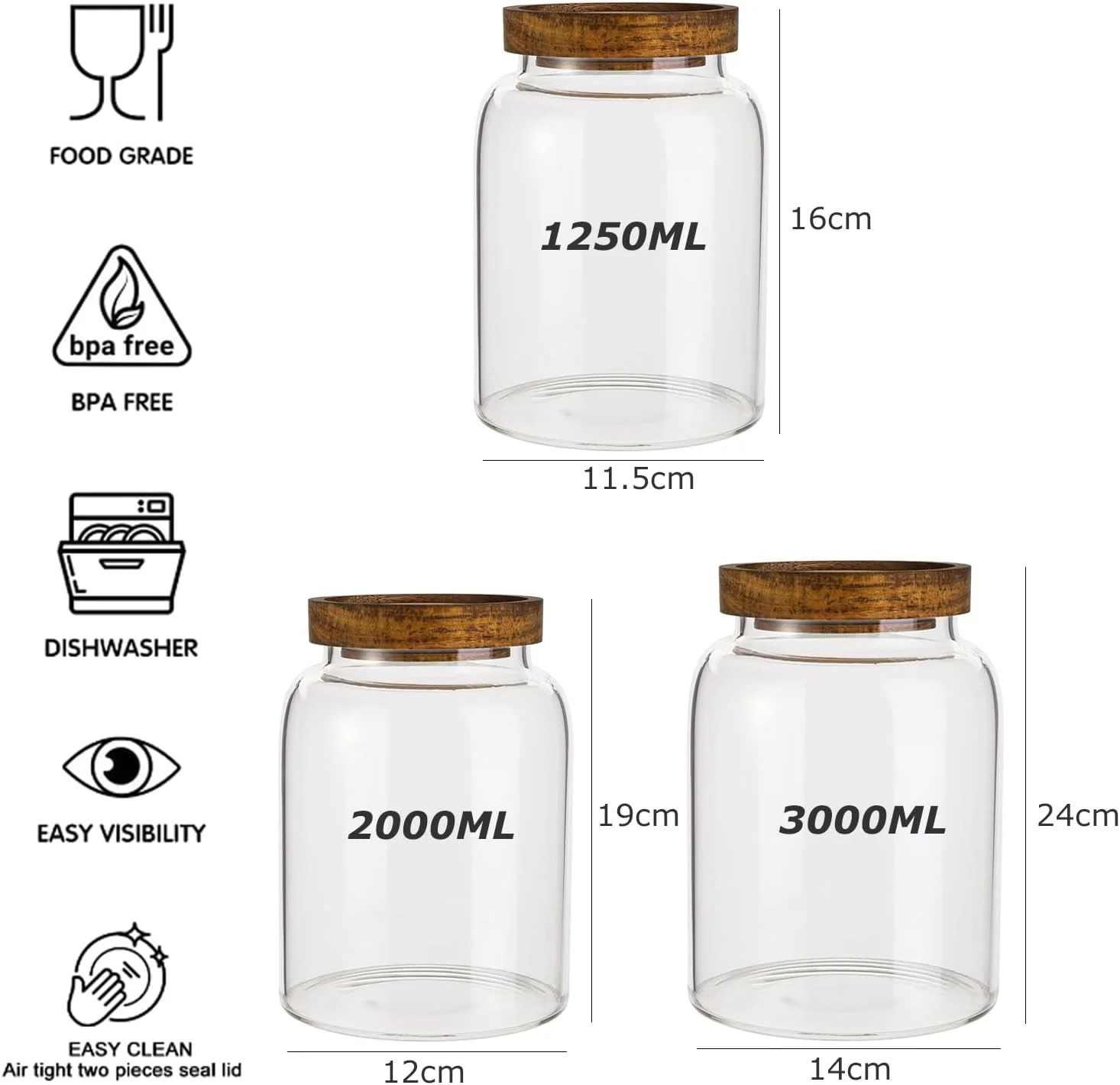 ست ظروف نگهداری غذا OYDAS شامل 3 عدد (3000ml+2000ml+1250ml)، شیشه های نگهداری مواد غذایی با درب بامبو محکم، ظروف شیشه ای نگهداری غذا، ظروف شیشه ای قهوه و آجیل مناسب آشپزخانه و سازماندهی کابینت