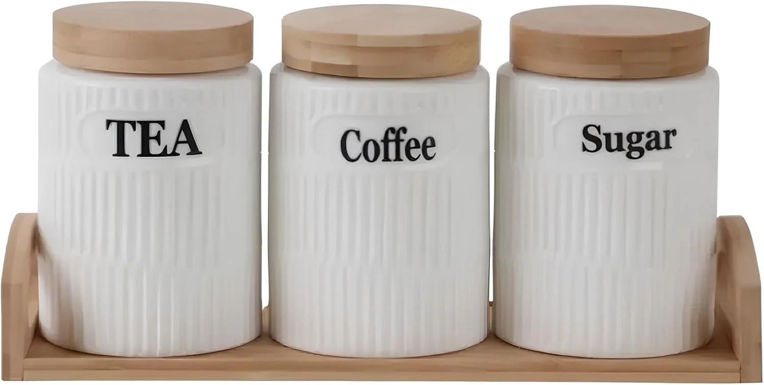 ست ظروف شیک چای، قهوه و شکر، ظروف سرامیکی با درب چوبی محکم و سینی بامبو، ست 3 عددی، ظروف نگهداری مواد غذایی تزئینی آشپزخانه