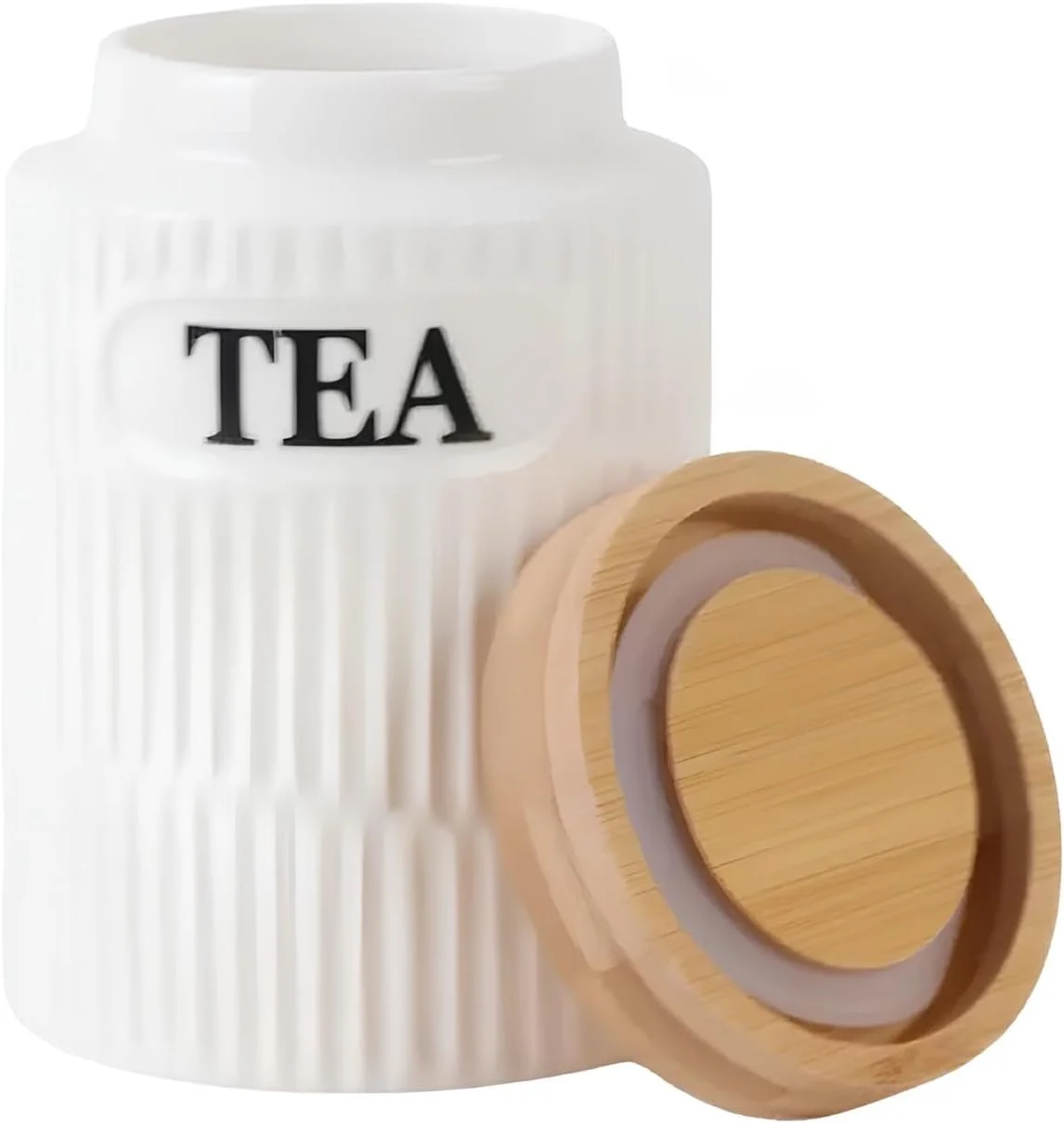 ست ظروف شیک چای، قهوه و شکر، ظروف سرامیکی با درب چوبی محکم و سینی بامبو، ست 3 عددی، ظروف نگهداری مواد غذایی تزئینی آشپزخانه