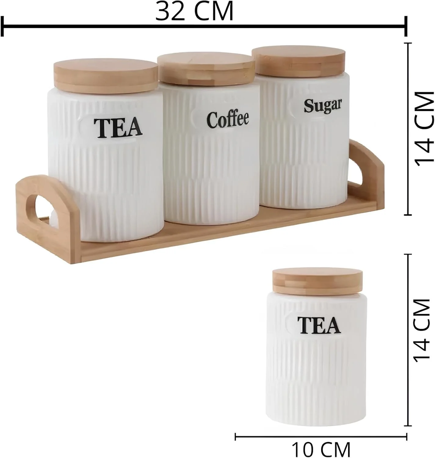 ست ظروف شیک چای، قهوه و شکر، ظروف سرامیکی با درب چوبی محکم و سینی بامبو، ست 3 عددی، ظروف نگهداری مواد غذایی تزئینی آشپزخانه