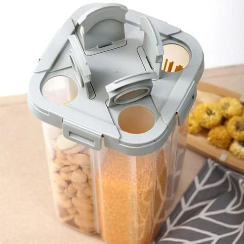 ظرف نگهداری غلات و مواد غذایی خشک پریمیفای، ظرف چهار قسمتی 2.3 لیتری با درب و جداکننده متحرک، ظروف پلاستیکی آشپزخانه بدون BPA ظرف نگهداری غلات و مواد غذایی خشک پریمیفای، ظرف چهار قسمتی 2.3 لیتری با درب و جداکننده متحرک، ظروف پلاستیکی آشپزخانه بدون BPA