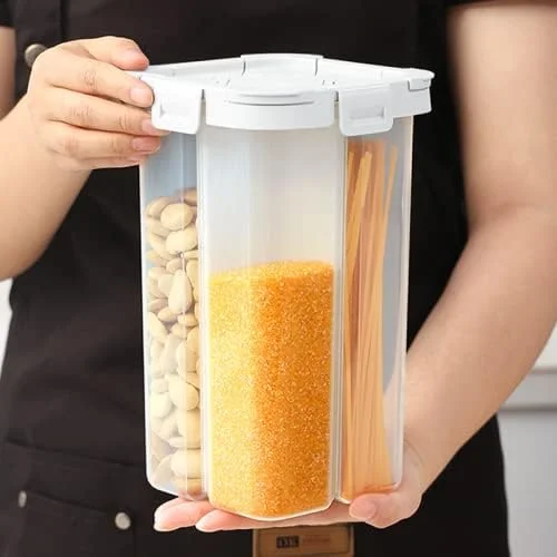 ظرف نگهداری غلات و مواد غذایی خشک پریمیفای، ظرف چهار قسمتی 2.3 لیتری با درب و جداکننده متحرک، ظروف پلاستیکی آشپزخانه بدون BPA ظرف نگهداری غلات و مواد غذایی خشک پریمیفای، ظرف چهار قسمتی 2.3 لیتری با درب و جداکننده متحرک، ظروف پلاستیکی آشپزخانه بدون BPA
