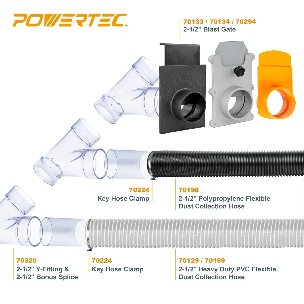 اتصال Y شکل POWERTEC 70320-P2V با قطر داخلی 2-1/2 اینچ برای لوله های قطر خارجی یا اتصالات قطر خارجی، به همراه اتصال برای اتصال شلنگ گرد و غبار، 2 عدد