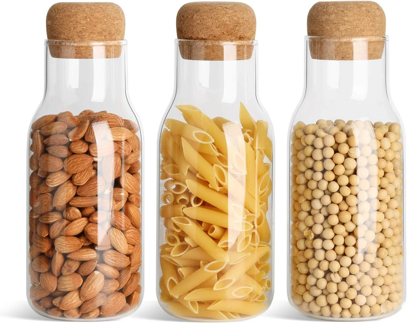 ست 3 عددی ظرف نگهداری مواد غذایی شیشه ای ComSaf با درب چوب پنبه ای (700 میلی لیتر)، ظرف شیشه ای شفاف با درب چوب پنبه ای گرد برای نگهداری چای، قهوه، شکر، آرد و ادویه جات در آشپزخانه