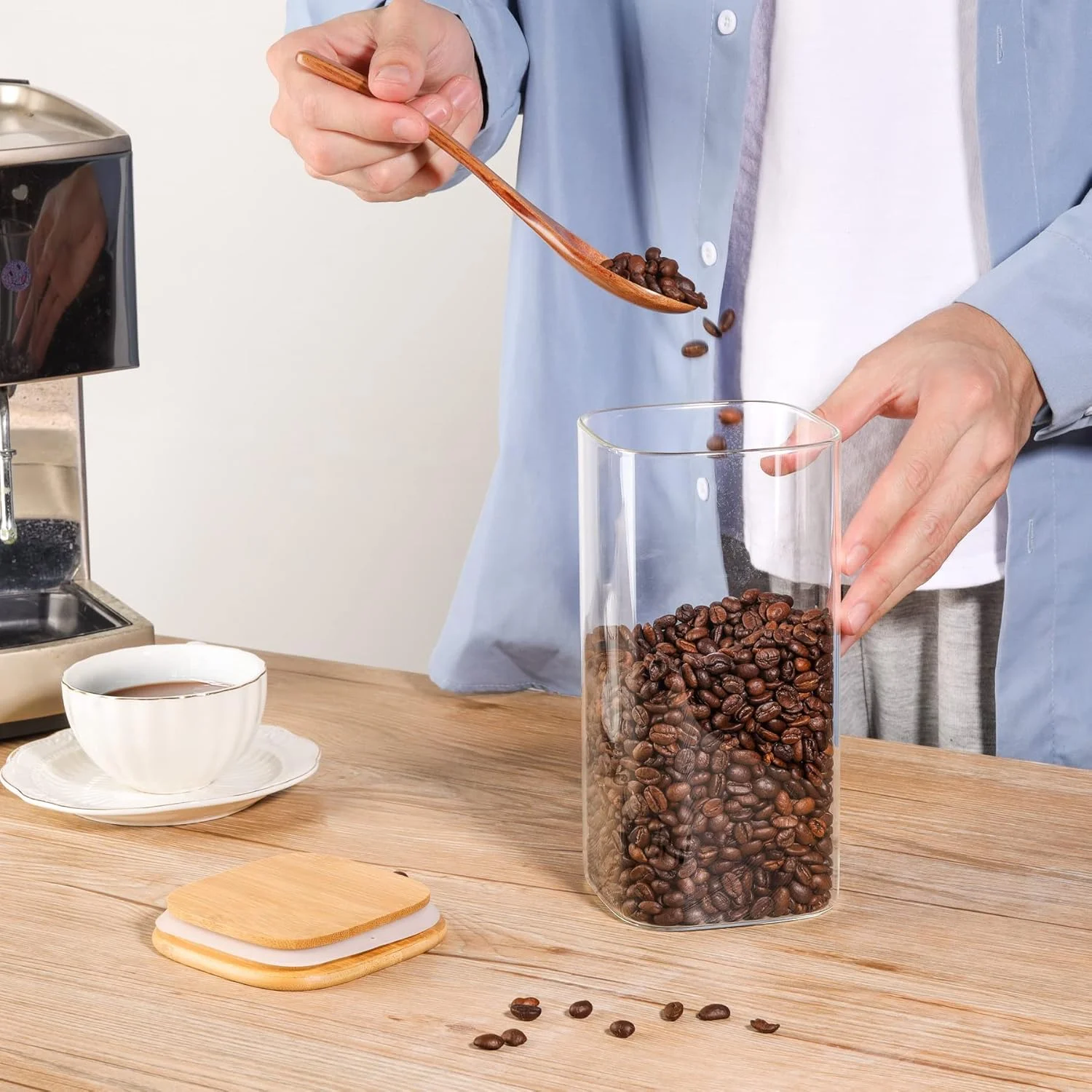 ظروف شیشه ای ذخیره سازی ComSaf با درب بامبو، ظرف شفاف نگهداری مواد غذایی با درب مهر و موم دار مناسب برای نودل، آرد، غلات، برنج، شکر، چای، دانه های قهوه، مجموعه 1 عددی