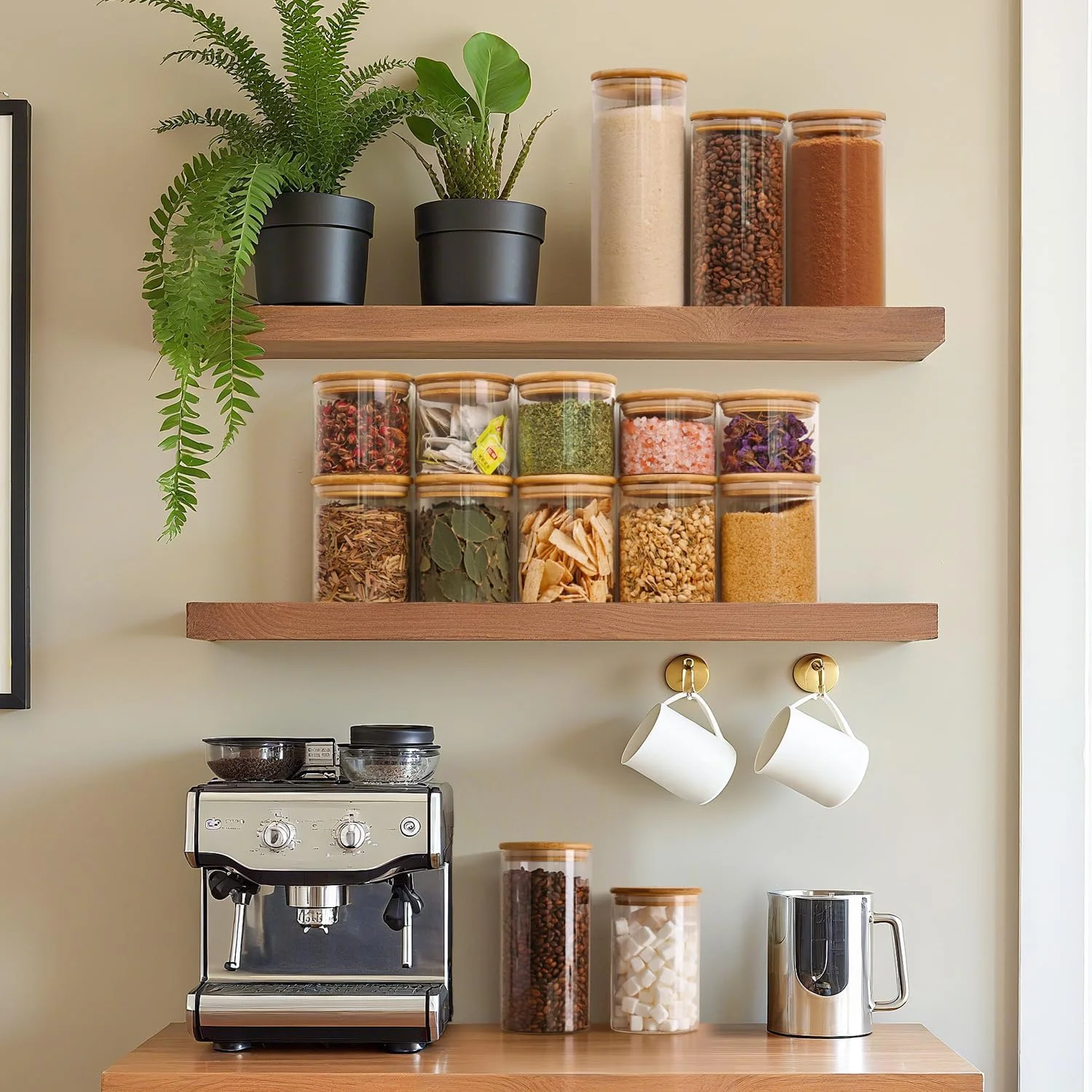 ست 6 عددی شیشه های نگهدارنده ComSaf با درب، 950 میلی لیتر، شیشه های نگهدارنده درب دار، درب های محکم، ظروف نگهدارنده، شیشه های نگهدارنده با درب چوبی، ظروف شیشه ای