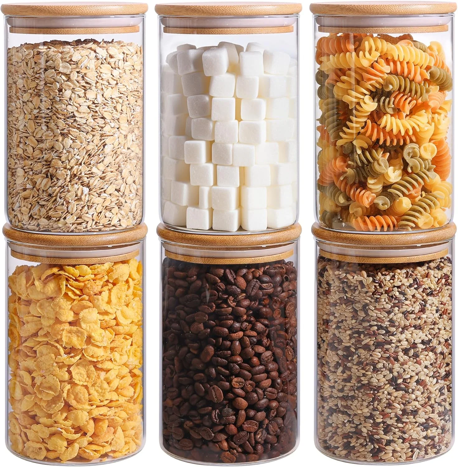 ست 6 عددی شیشه های نگهدارنده ComSaf با درب، 950 میلی لیتر، شیشه های نگهدارنده درب دار، درب های محکم، ظروف نگهدارنده، شیشه های نگهدارنده با درب چوبی، ظروف شیشه ای