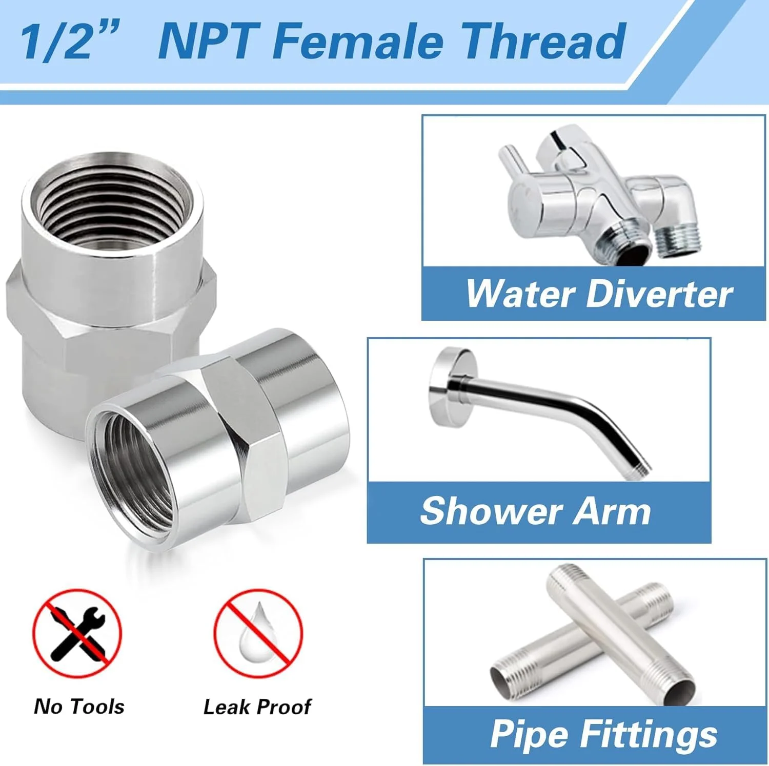 اتصال لوله برنجی 2 عددی - کوپلینگ لوله مادگی 1/2 اینچ NPT × مادگی 1/2 اینچ NPT - کوپلینگ کروم سردوشی - آداپتور مبدل، برای اتصال لوله های لوله کشی خانگی