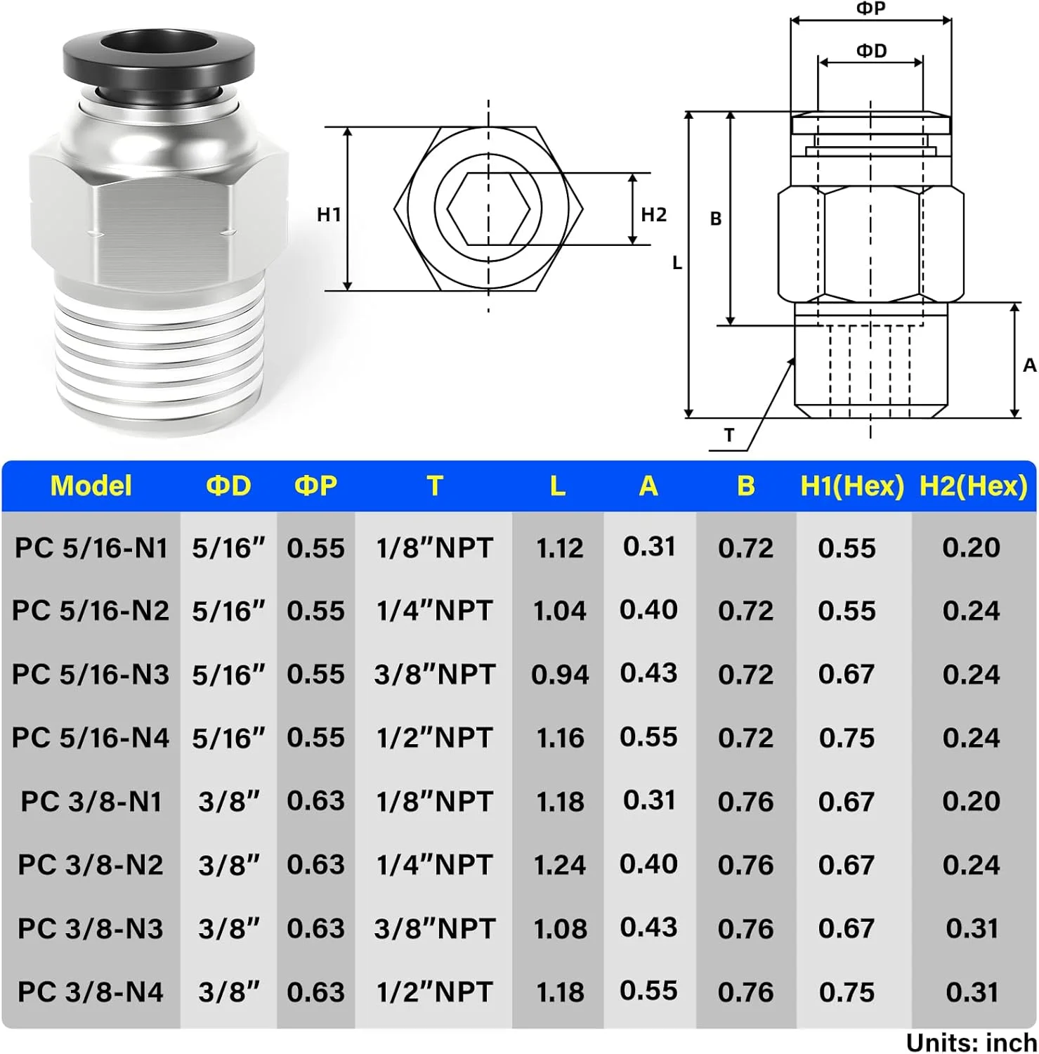 اتصالات پنوماتیک نر راست Tailonz، لوله 3/8 اینچ OD x رزوه 1/4 اینچ NPT، اتصال فشاری PC-3/8-N2 (بسته 10 عددی)