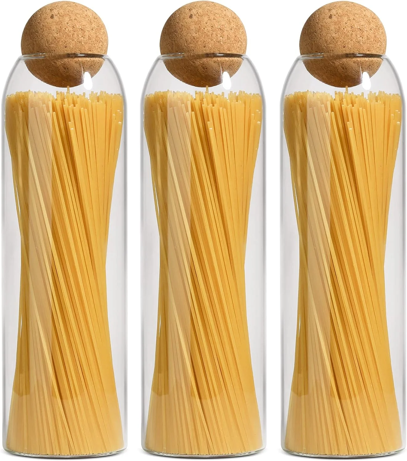 ظرف نگهداری شیشه ای ComSaf با توپ چوب پنبه ای، ظرف بلند شفاف اسپاگتی، نگهداری پاستا، شیشه های درب دار چوب پنبه ای برای نگهداری مواد غذایی در آشپزخانه، جا پنبه و گوش پاک کن داروخانه حمام