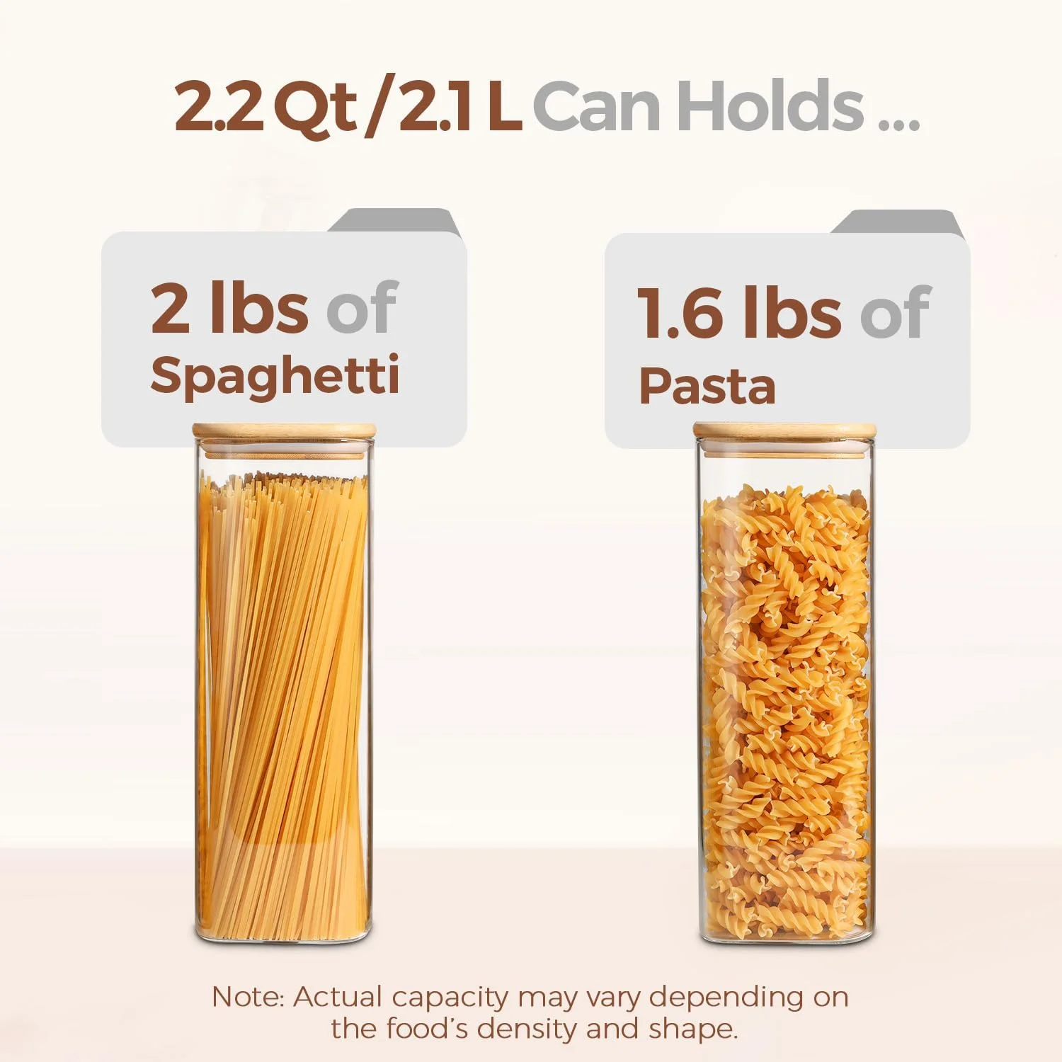 ظروف نگهداری پاستا و اسپاگتی شیشه ای ComSaf با درب، مجموعه 3 عددی 2100 میلی لیتری، شیشه های بلند شفاف درب دار برای نگهداری مواد غذایی با درب بامبو برای نودل، آرد، غلات، شکر، لوبیا، ظرف مربعی اسپاگتی برای نگهداری در کابینت