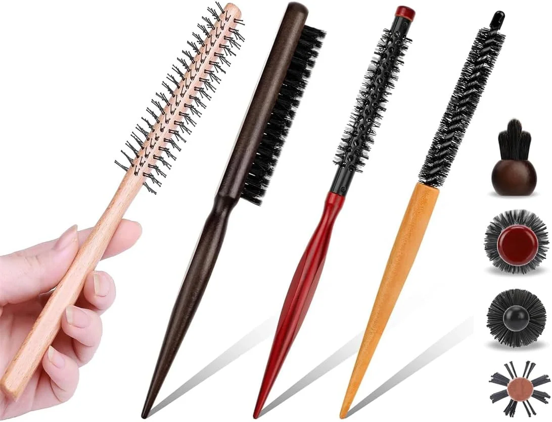 ست برس مو گرد کوچک KWSLIN، بسته 4 عددی، برس فر کننده با دسته چوبی، برس مو نایلونی حرفه ای، برس ریش، برس حالت دهنده برای خشک کردن مو، حالت دادن به موهای فر، لیفتینگ مو و مراقبت از ریش