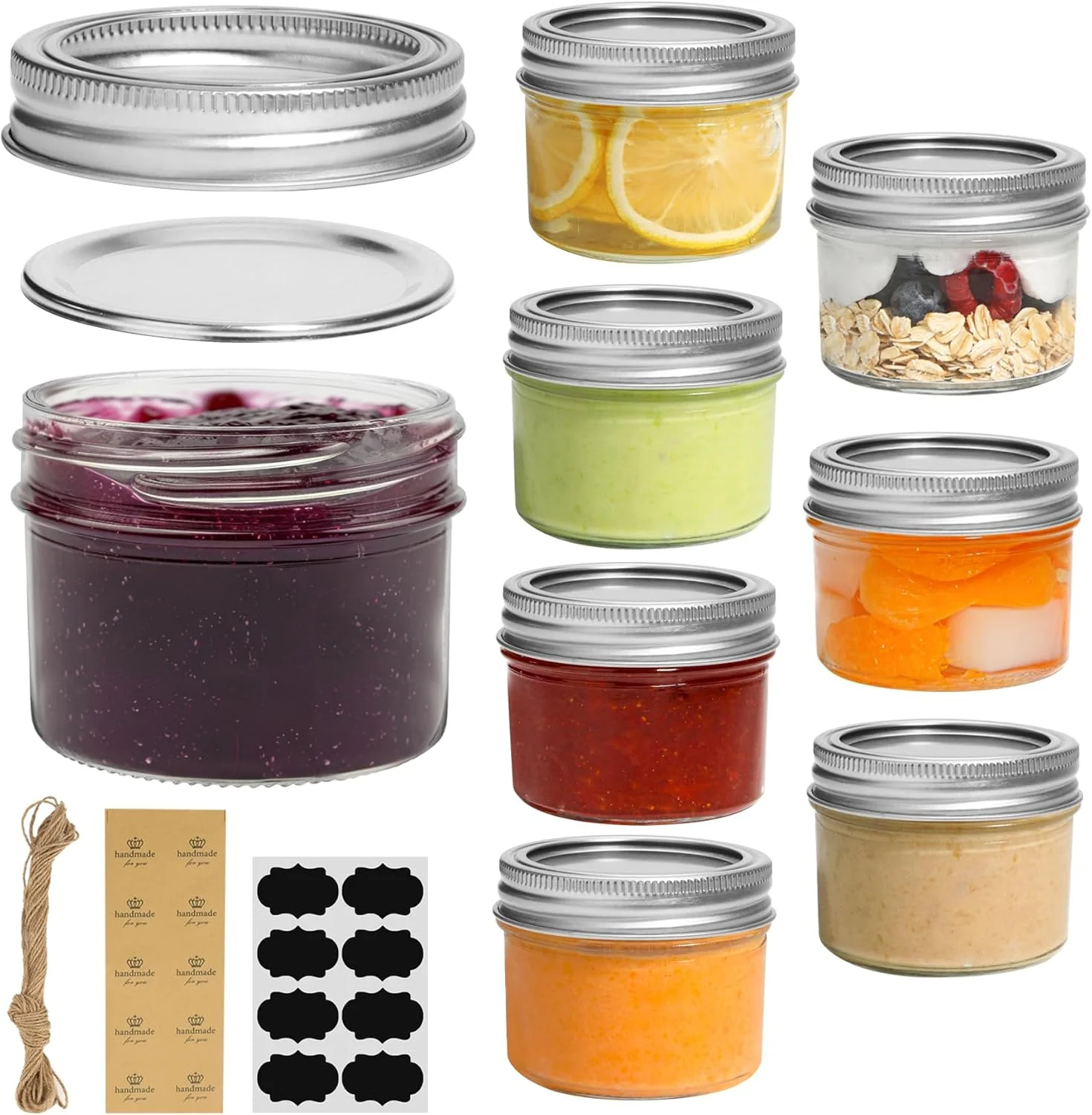 شیشه های مربا کوچک ComSaf، 120 میلی لیتری - بسته 8 عددی، شیشه مربا با دهانه معمولی به همراه درب و حلقه های آب بندی، شیشه شیشه ای کوچک برای ادویه، مربا، عسل، ژله، دسر، گیفت عروسی، دکور شمع های دست ساز