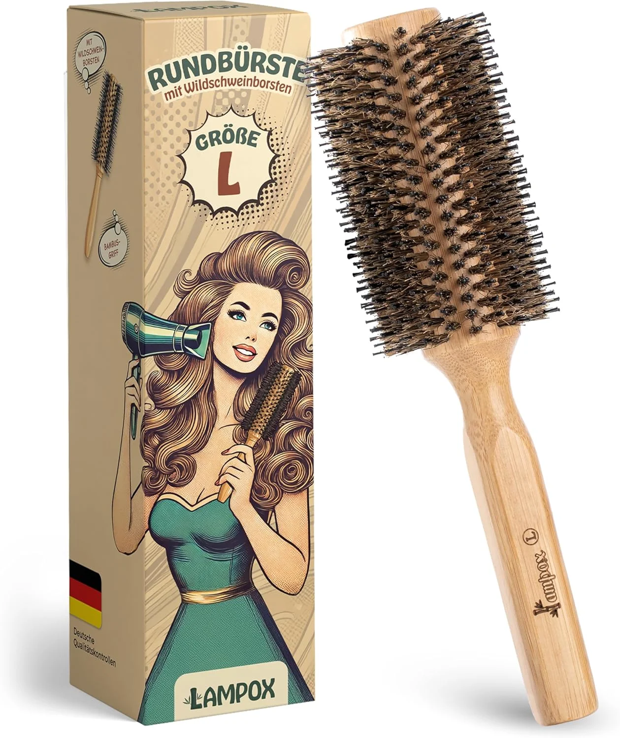 برس گرد سشوار Lampox با موهای گراز برای حجم و درخشش، برس گرد مو، برس حالت دهنده برای زنان و مردان، صاف کردن، فر کردن (L)