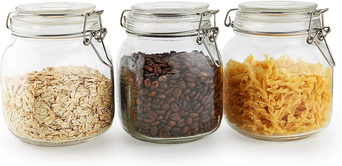 ست 3 عددی ظروف شیشه ای درب دار ComSaf، ظرف نگهداری مواد غذایی 1000 میلی لیتری مربعی - ظرف نگهداری با بست محکم گیره ای سیم دار برای کنسرو کردن در آشپزخانه، غلات، پاستا، شکر، لوبیا، ادویه