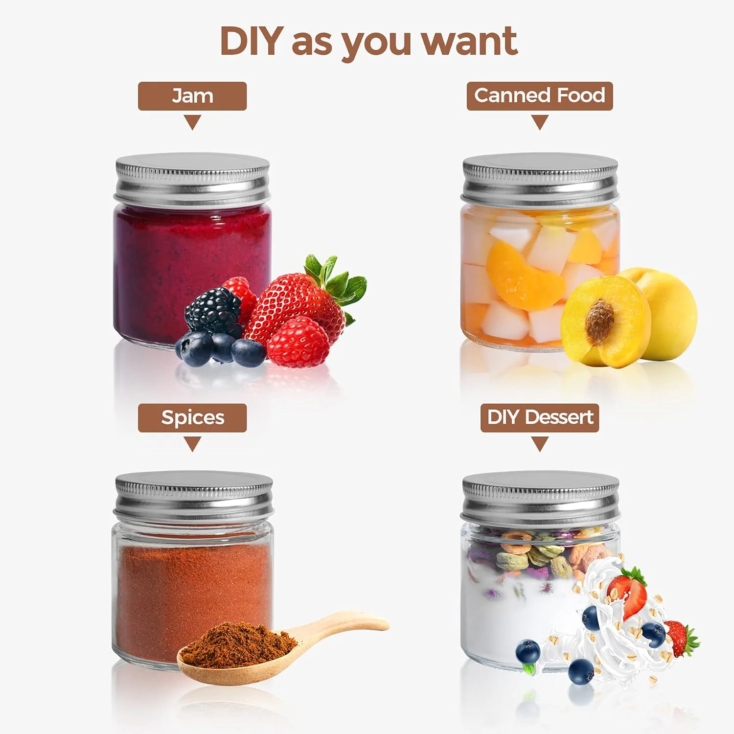 شیشه های مربا ComSaf با درب های فلزی معمولی (250 میلی لیتر)، شیشه های شفاف و دهان گشاد برای ادویه جات، عسل، مربا، ژله، ست 12 عددی