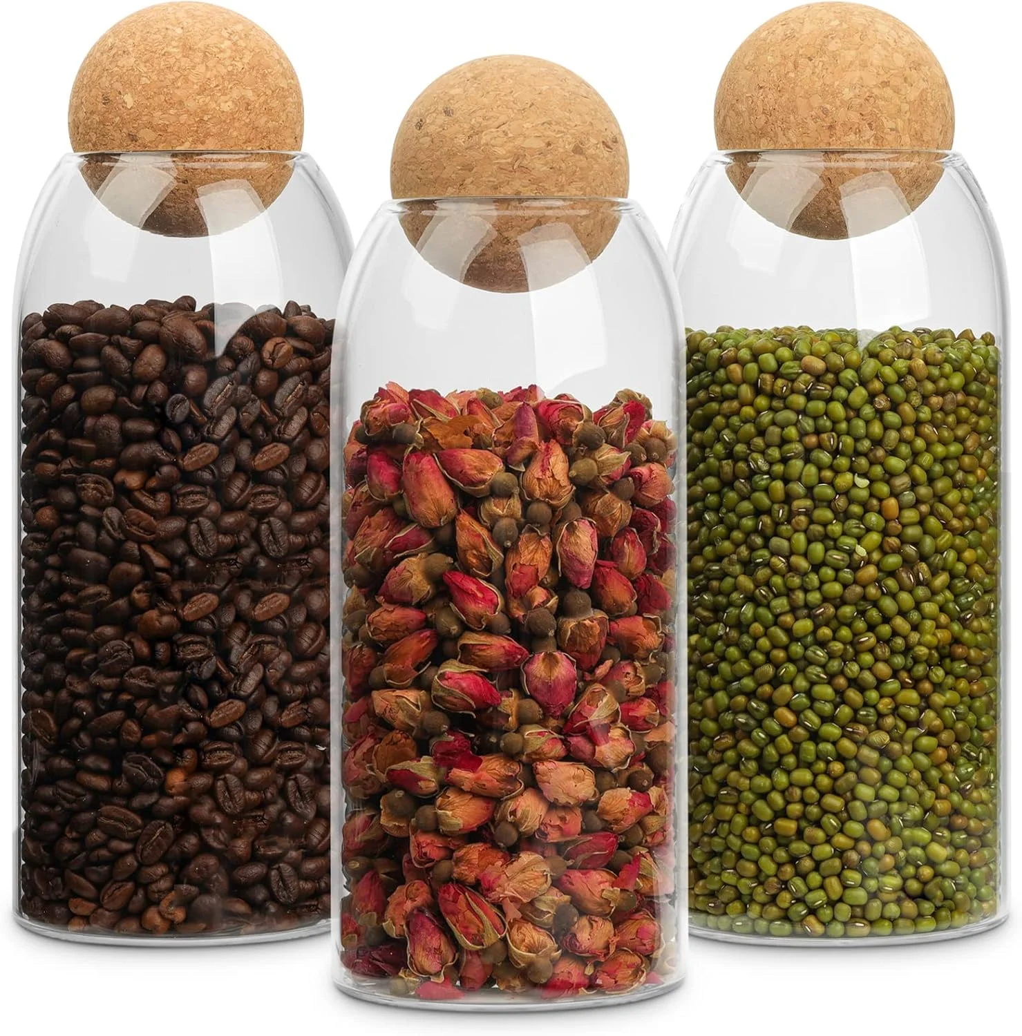 ظرف نگهداری شیشه ای ComSaf با چوب پنبه توپی، شیشه قهوه، 3 عدد شیشه نمک حمام، شیشه شیشه ای با درب چوب پنبه، شیشه تزئینی برای آب نبات، چای، نگهدارنده سواب پنبه ای داروخانه حمام