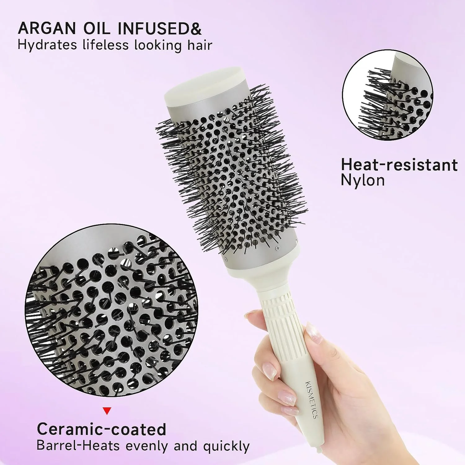 برس گرد خشک کننده سریع KISMETICS با بدنه حرارتی سرامیکی یونی و موهای نایلونی، برس موی گرد روغن آرگان برای خشک کردن، حالت دادن، فر کردن، صاف کردن، حالت دهی عالی برای انواع مو - 53 میلی متر برس گرد خشک کننده سریع KISMETICS با بدنه حرارتی سرامیکی یونی و موهای نایلونی، برس موی گرد روغن آرگان برای خشک کردن، حالت دادن، فر کردن، صاف کردن، حالت دهی عالی برای انواع مو - 53 میلی متر