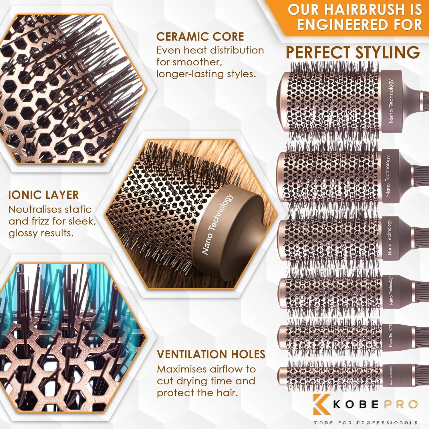 Kobe Professional Heat-Retaining Ceramic & Ionic Round Hair Brush for Blow Drying -With Nanotechnology-Barrel Brush Set of 6 Blow Dry Hair Brush,Curling Brush - For Styling, Straightening & Detangling Kobe Professional Heat-Retaining Ceramic & Ionic Round Hair Brush for Blow Drying -With Nanotechnology-Barrel Brush Set of 6 Blow Dry Hair Brush,Curling Brush - For Styling, Straightening & Detangling