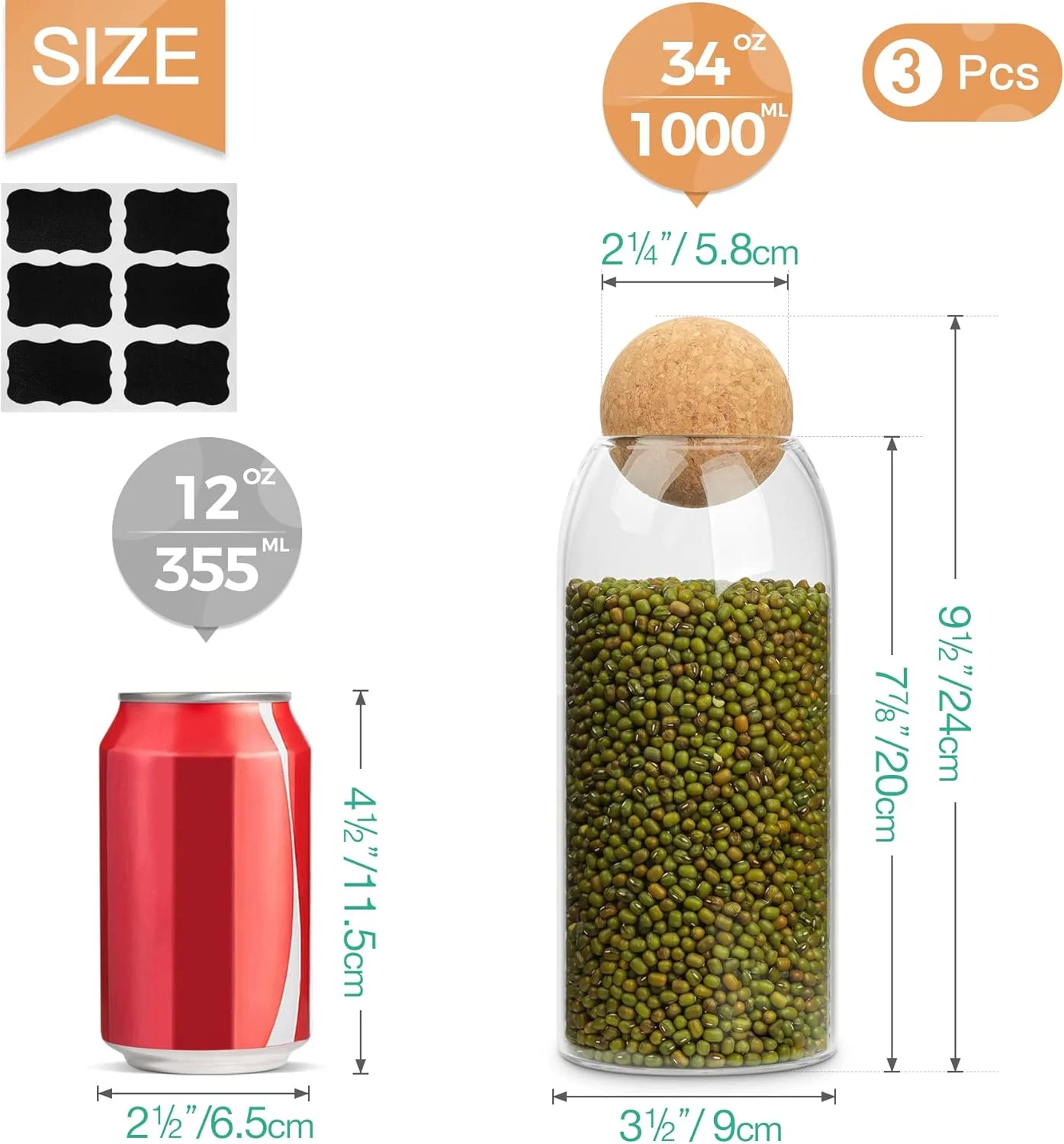 ظرف نگهداری شیشه ای ComSaf با چوب پنبه توپی، شیشه قهوه، 3 عدد شیشه نمک حمام، شیشه شیشه ای با درب چوب پنبه، شیشه تزئینی برای آب نبات، چای، نگهدارنده سواب پنبه ای داروخانه حمام