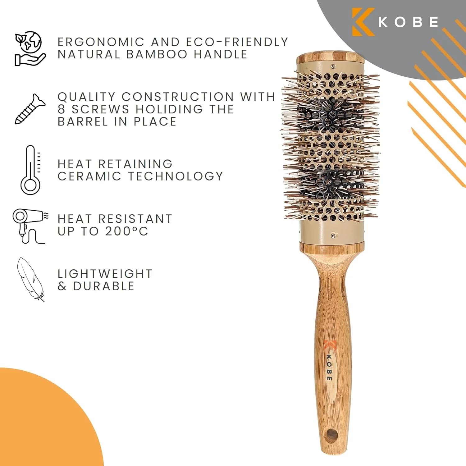 برس حرارتی گرد بامبو حرفه ای کوبه پینتو - برس حالت دهنده برای خشک کردن و فر کردن مو - دسته بامبو سازگار با محیط زیست - بدنه سرامیکی نگهدارنده حرارت (42 میلی متر)