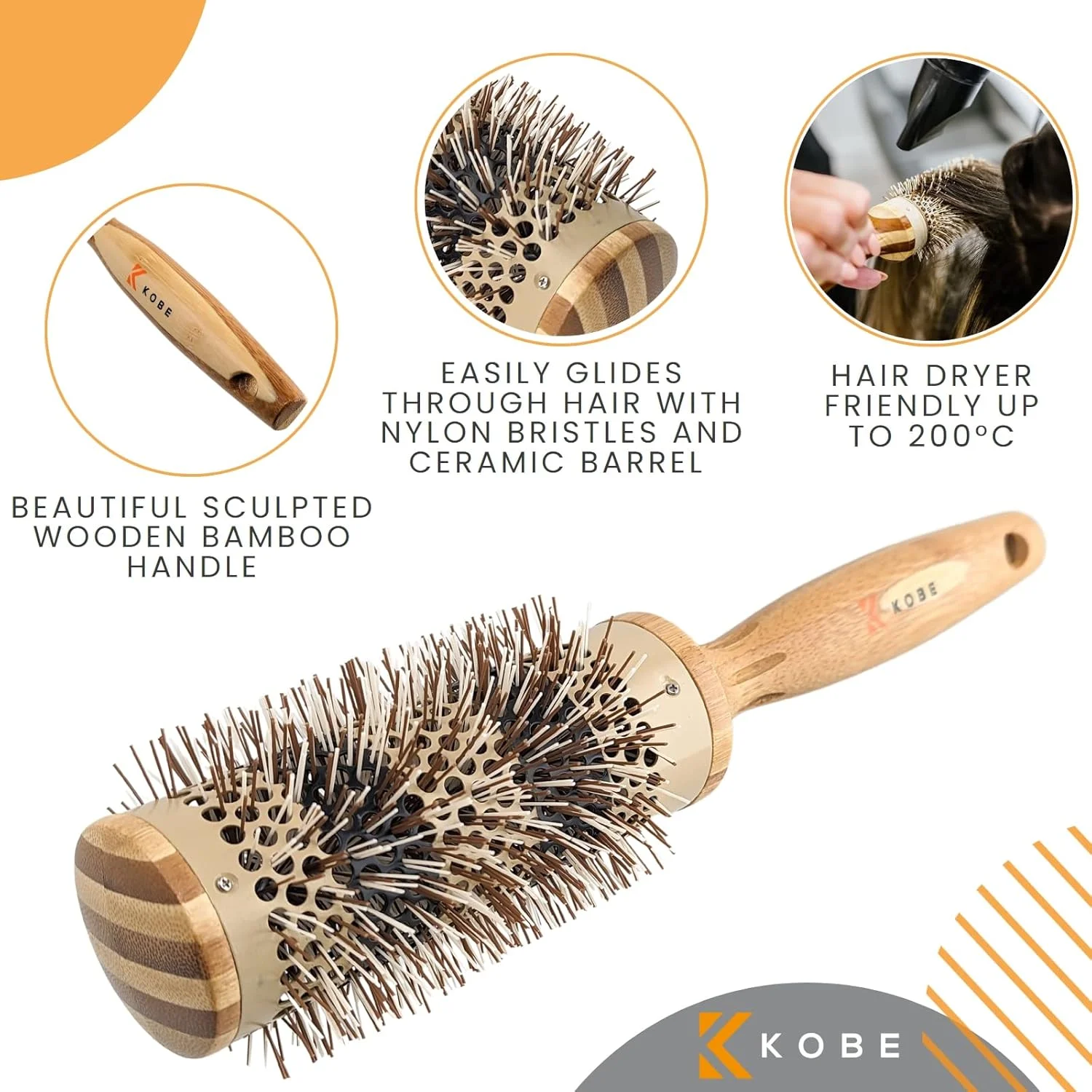برس حرارتی گرد بامبو حرفه ای کوبه پینتو - برس حالت دهنده برای خشک کردن و فر کردن مو - دسته بامبو سازگار با محیط زیست - بدنه سرامیکی نگهدارنده حرارت (42 میلی متر)