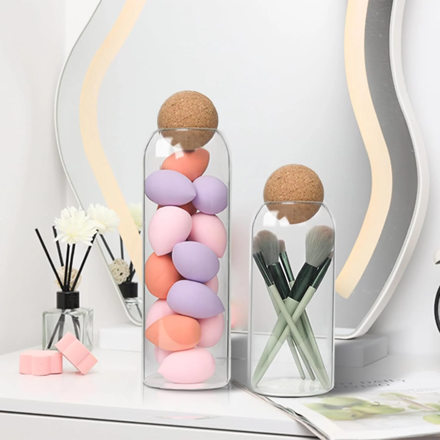 ظرف نگهداری شیشه ای ComSaf با چوب پنبه توپی، شیشه قهوه، 3 عدد شیشه نمک حمام، شیشه شیشه ای با درب چوب پنبه، شیشه تزئینی برای آب نبات، چای، نگهدارنده سواب پنبه ای داروخانه حمام