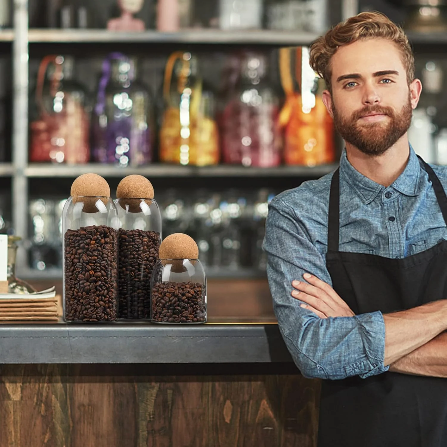 ظرف نگهداری شیشه ای ComSaf با چوب پنبه توپی، شیشه قهوه، 3 عدد شیشه نمک حمام، شیشه شیشه ای با درب چوب پنبه، شیشه تزئینی برای آب نبات، چای، نگهدارنده سواب پنبه ای داروخانه حمام