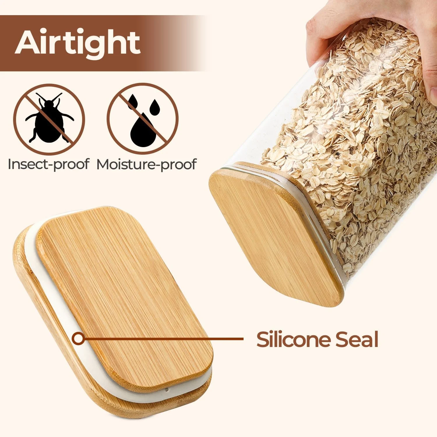 ست 4 عددی ظروف شیشه ای ComSaf با درب بامبو، ظروف ادویه ضد هوا، ظروف قابل چیدن برای مواد غذایی آشپزخانه، ظروف نگهداری مواد غذایی با درب برای قهوه، شکر، چای، آجیل، انبار