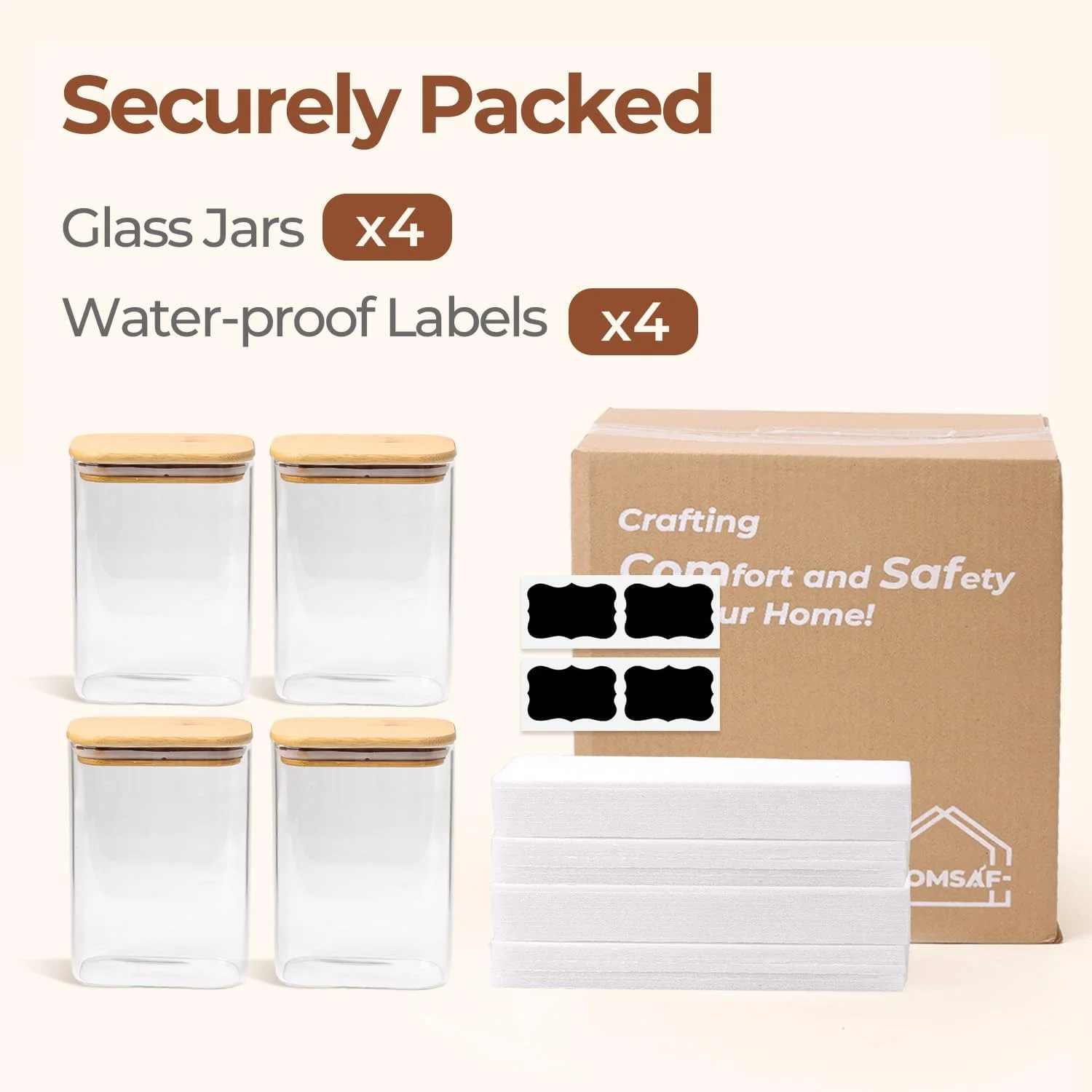 ست 4 عددی ظروف شیشه ای ComSaf با درب بامبو، ظروف ادویه ضد هوا، ظروف قابل چیدن برای مواد غذایی آشپزخانه، ظروف نگهداری مواد غذایی با درب برای قهوه، شکر، چای، آجیل، انبار