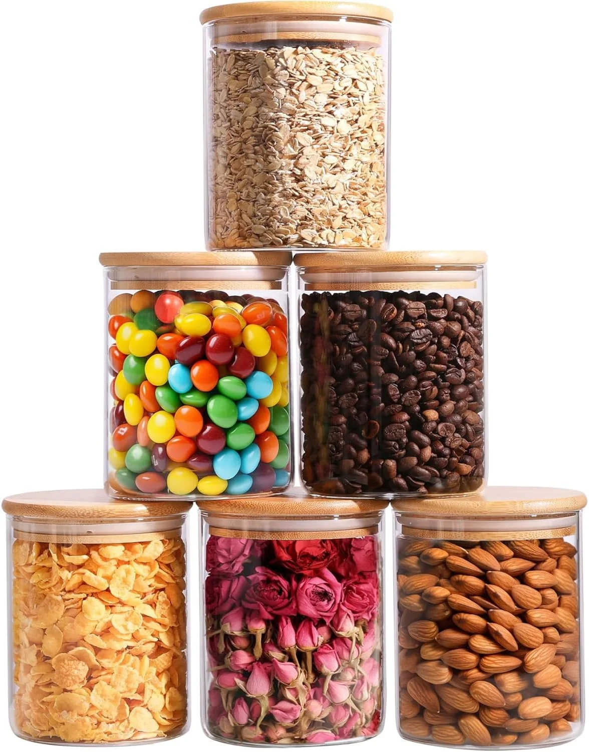 ظروف شیشه ای شفاف آشپزخانه - ظروف شیشه ای 170 گرمی با درب های بامبوی محکم برای انبار، تنقلات، قهوه، ادویه جات و موارد دیگر - مجموعه 6 عددی، قابل شستشو در ماشین ظرفشویی، راه حل نگهداری عالی