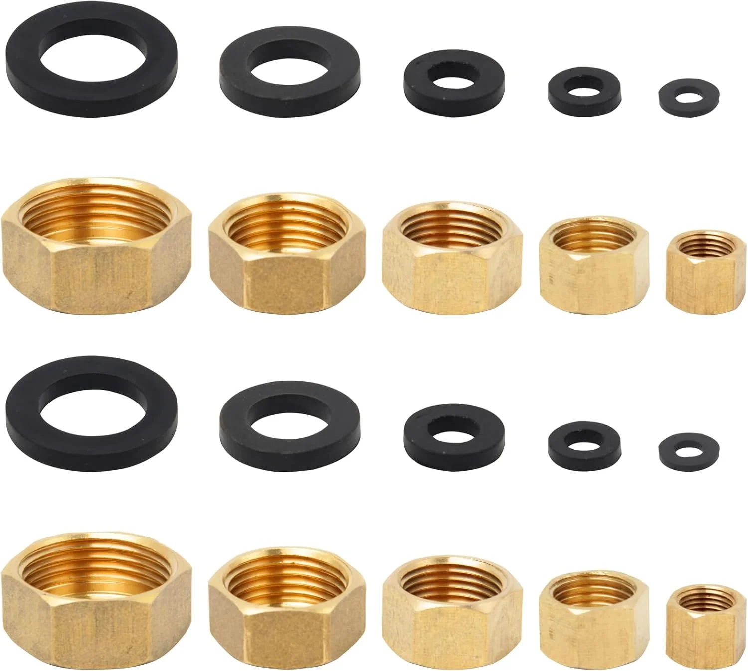 نیکافان بسته 10 عددی درپوش کور کننده لوله آب 1/8 1/4 3/8 3/4 1/2 اینچ، درپوش آب بندی برنجی با واشرهای لاستیکی، درپوش شلنگ، پوشش لوله گرمایش برای لوله های آب باغ