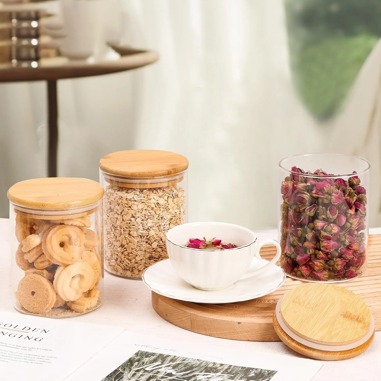 ظروف شیشه ای شفاف آشپزخانه - ظروف شیشه ای 170 گرمی با درب های بامبوی محکم برای انبار، تنقلات، قهوه، ادویه جات و موارد دیگر - مجموعه 6 عددی، قابل شستشو در ماشین ظرفشویی، راه حل نگهداری عالی