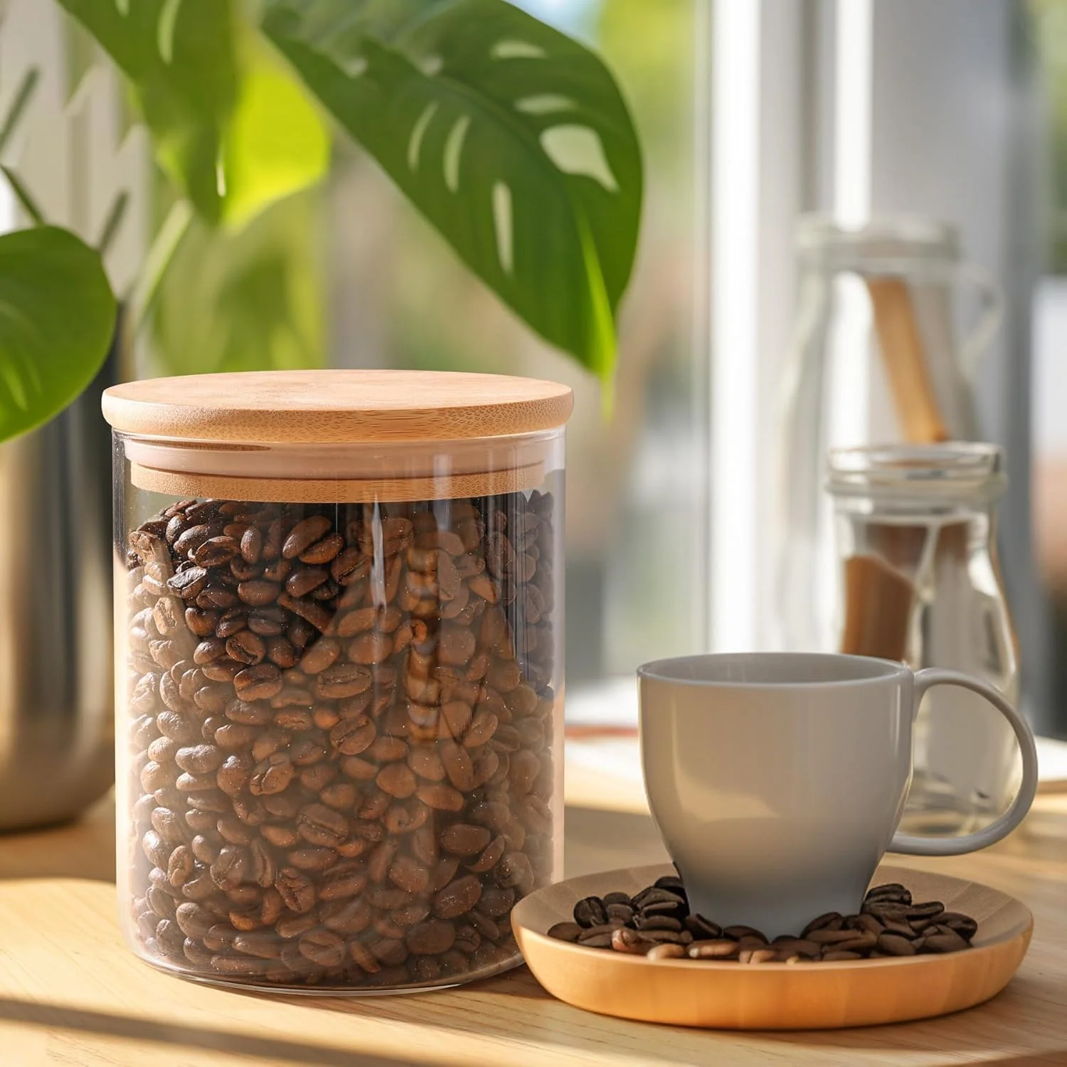 ظروف شیشه ای شفاف آشپزخانه - ظروف شیشه ای 170 گرمی با درب های بامبوی محکم برای انبار، تنقلات، قهوه، ادویه جات و موارد دیگر - مجموعه 6 عددی، قابل شستشو در ماشین ظرفشویی، راه حل نگهداری عالی