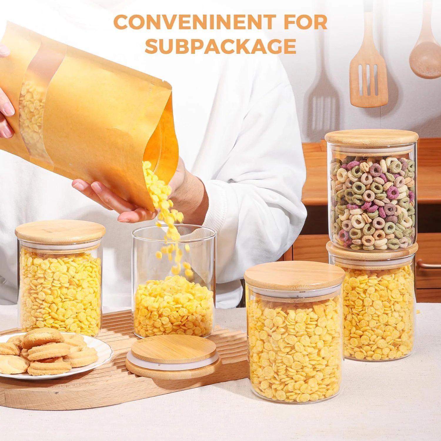 ظروف شیشه ای شفاف آشپزخانه - ظروف شیشه ای 170 گرمی با درب های بامبوی محکم برای انبار، تنقلات، قهوه، ادویه جات و موارد دیگر - مجموعه 6 عددی، قابل شستشو در ماشین ظرفشویی، راه حل نگهداری عالی