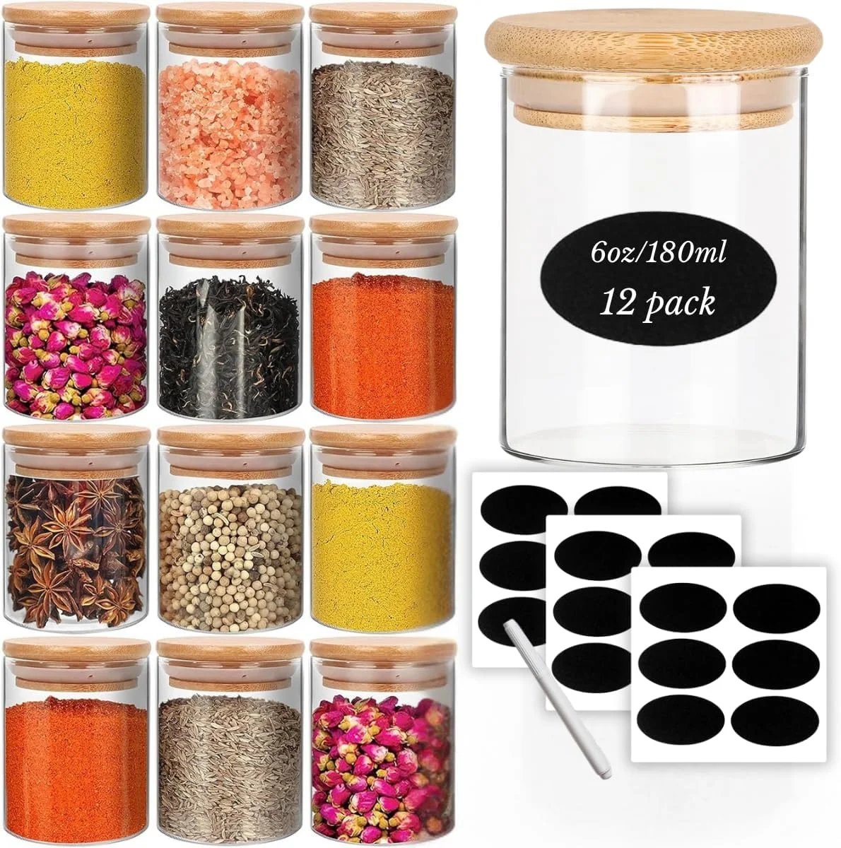 ست 12 تایی شیشه ادویه CLOUDFOUR با درب بامبو و برچسب، بطری 178 میلی لیتری برای چای، قهوه، کلوچه، ظروف کوچک نگهداری مواد غذایی برای آشپزخانه منزل، کشو کابینت و سازمان دهنده های انبار