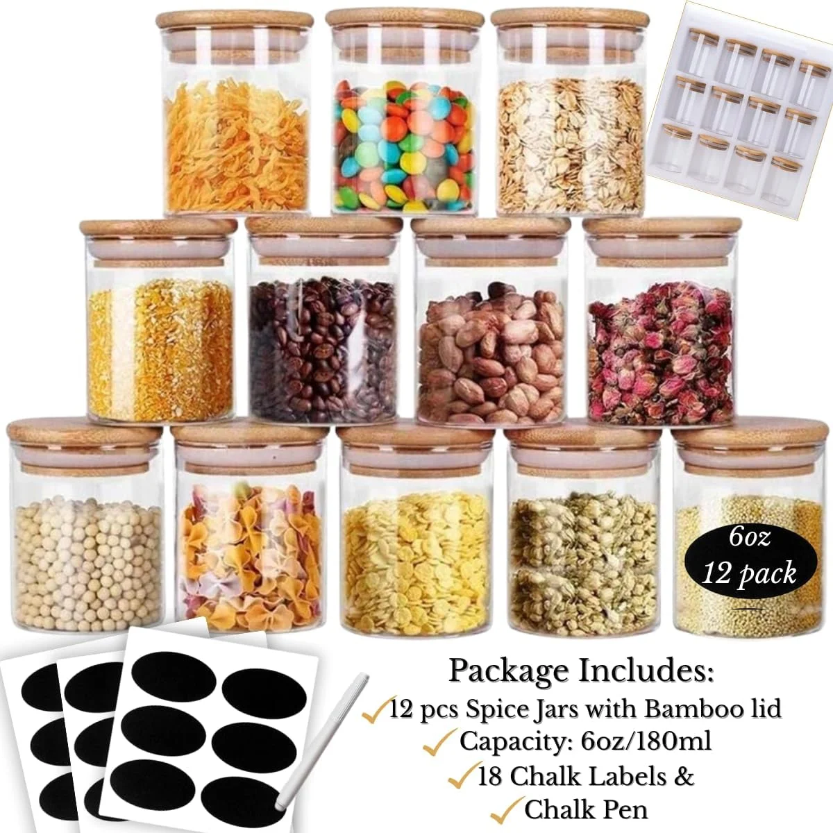 ست 12 تایی شیشه ادویه CLOUDFOUR با درب بامبو و برچسب، بطری 178 میلی لیتری برای چای، قهوه، کلوچه، ظروف کوچک نگهداری مواد غذایی برای آشپزخانه منزل، کشو کابینت و سازمان دهنده های انبار