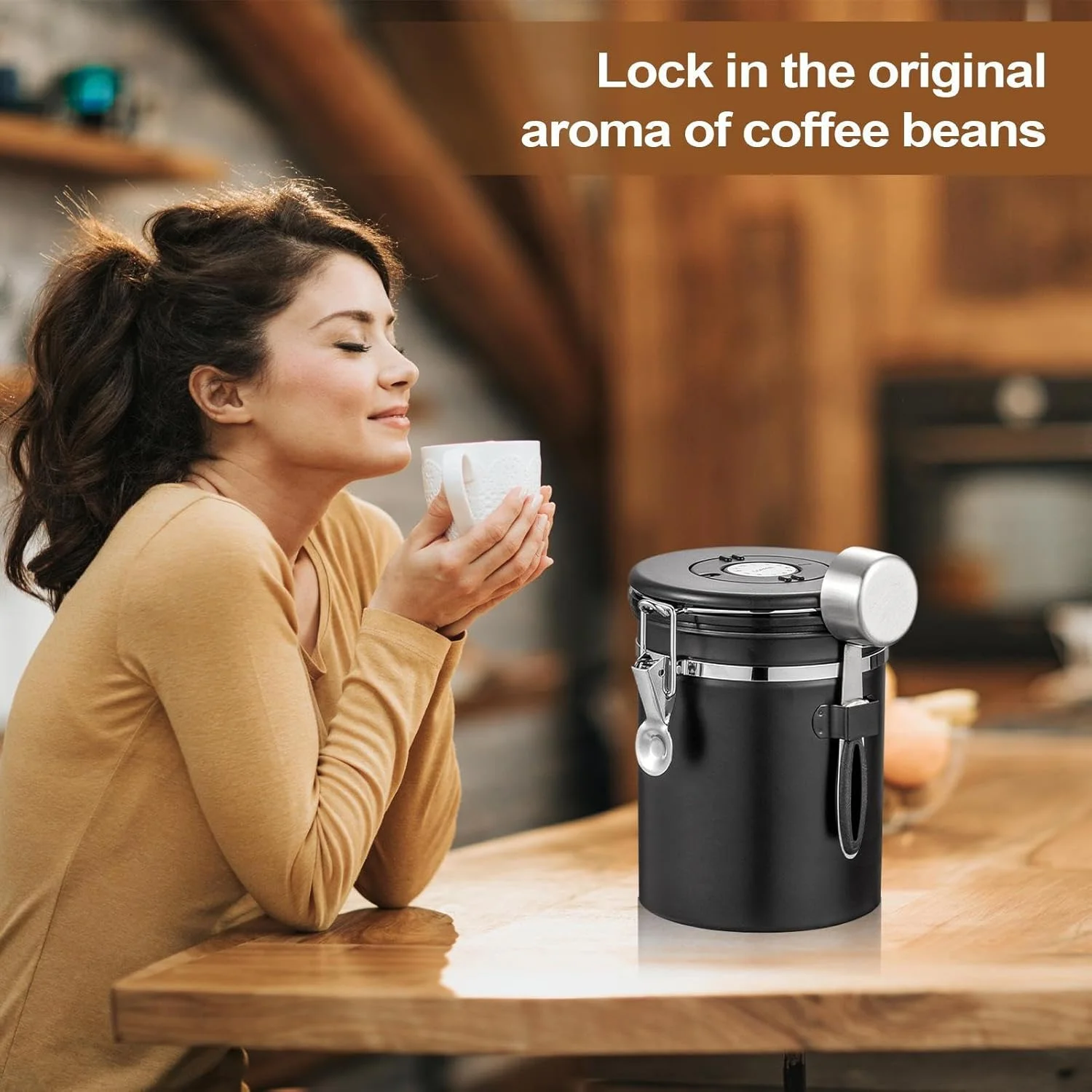 ظرف قهوه - شیشه نگهداری دانه قهوه دربسته | شیشه استیل ضد زنگ با قاشق اندازه گیری، سازمان دهنده مواد غذایی برای آشپزخانه، رستوران، کافه، خانه، انبار، نانوایی