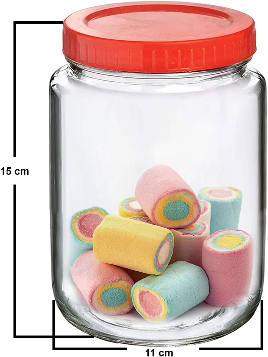 ظروف شیشه ای گرد پیرامال برای نگهداری مواد غذایی در آشپزخانه، تنقلات، ادویه جات، ترشیجات، میوه های خشک و دانه های قهوه با درب پلاستیکی قرمز (ظرف آهار 1000 میلی لیتر، مجموعه 6 عددی)