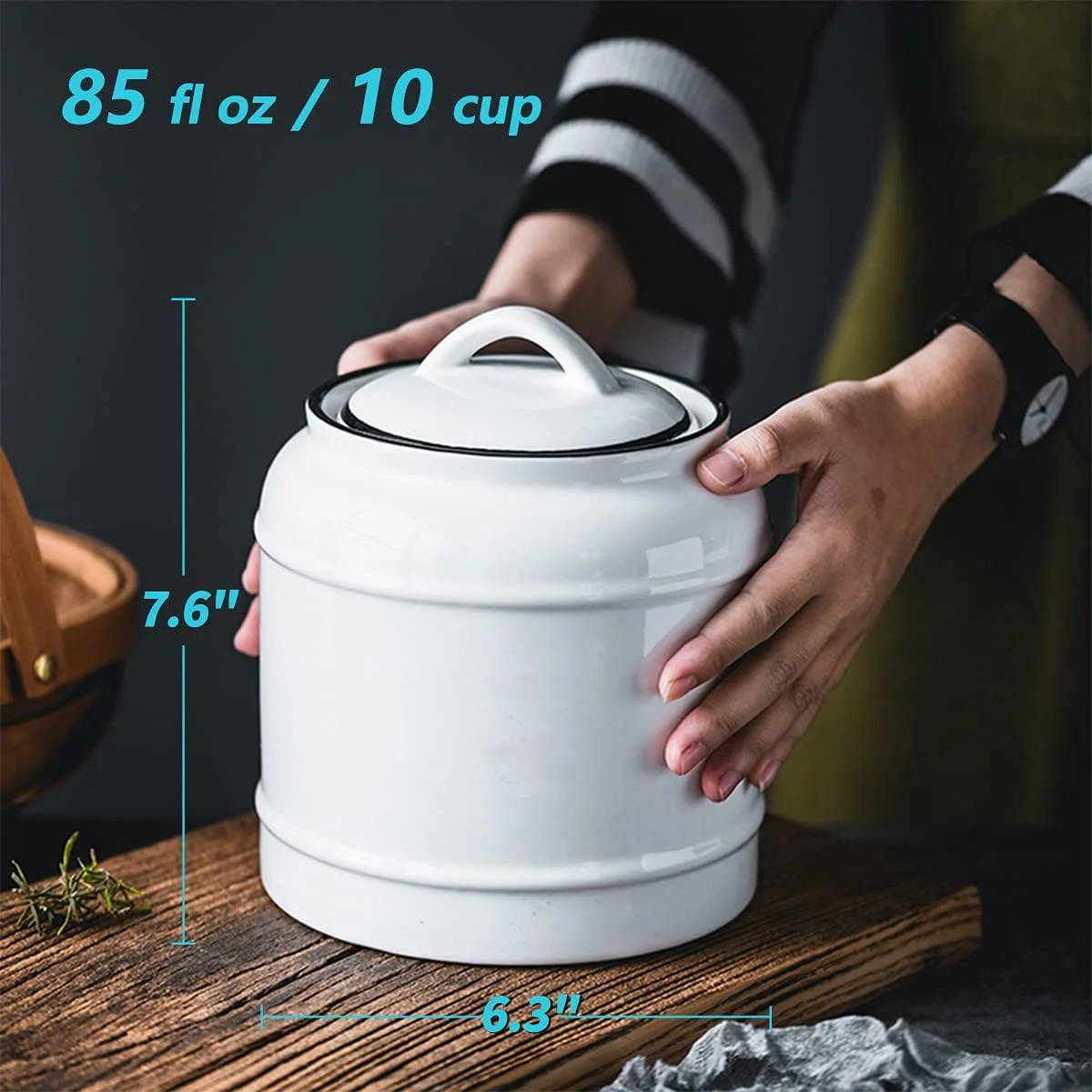 ظرف سرامیکی بزرگ درب دار کوکویا، مناسب نگهداری مواد غذایی خشک، ظرف آشپزخانه фармhouse گرد و سنگین برای نگهداری آبنبات، حبوبات، آرد، تنقلات، کلوچه و غلات (سفید)