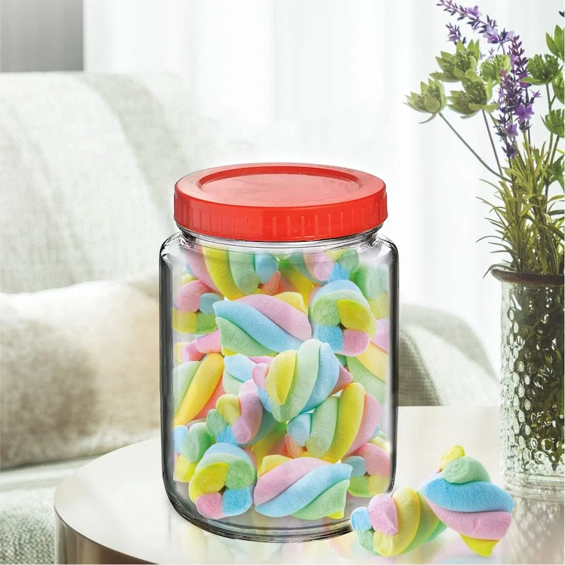 ظروف شیشه ای گرد پیرامال برای نگهداری مواد غذایی در آشپزخانه، تنقلات، ادویه جات، ترشیجات، میوه های خشک و دانه های قهوه با درب پلاستیکی قرمز (ظرف آهار 1000 میلی لیتر، مجموعه 6 عددی)