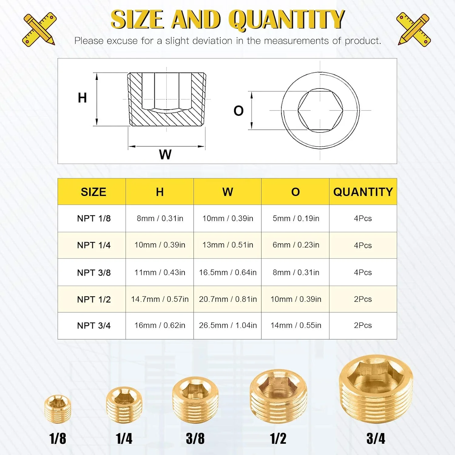 مجموعه 16 عددی پلاگ NPT برنجی Mardatt در 5 سایز مختلف، 1/8 اینچ، 1/4 اینچ، 3/8 اینچ، 1/2 اینچ، 3/4 اینچ، اتصالات لوله با رزوه نر و سوکت شش گوش داخلی