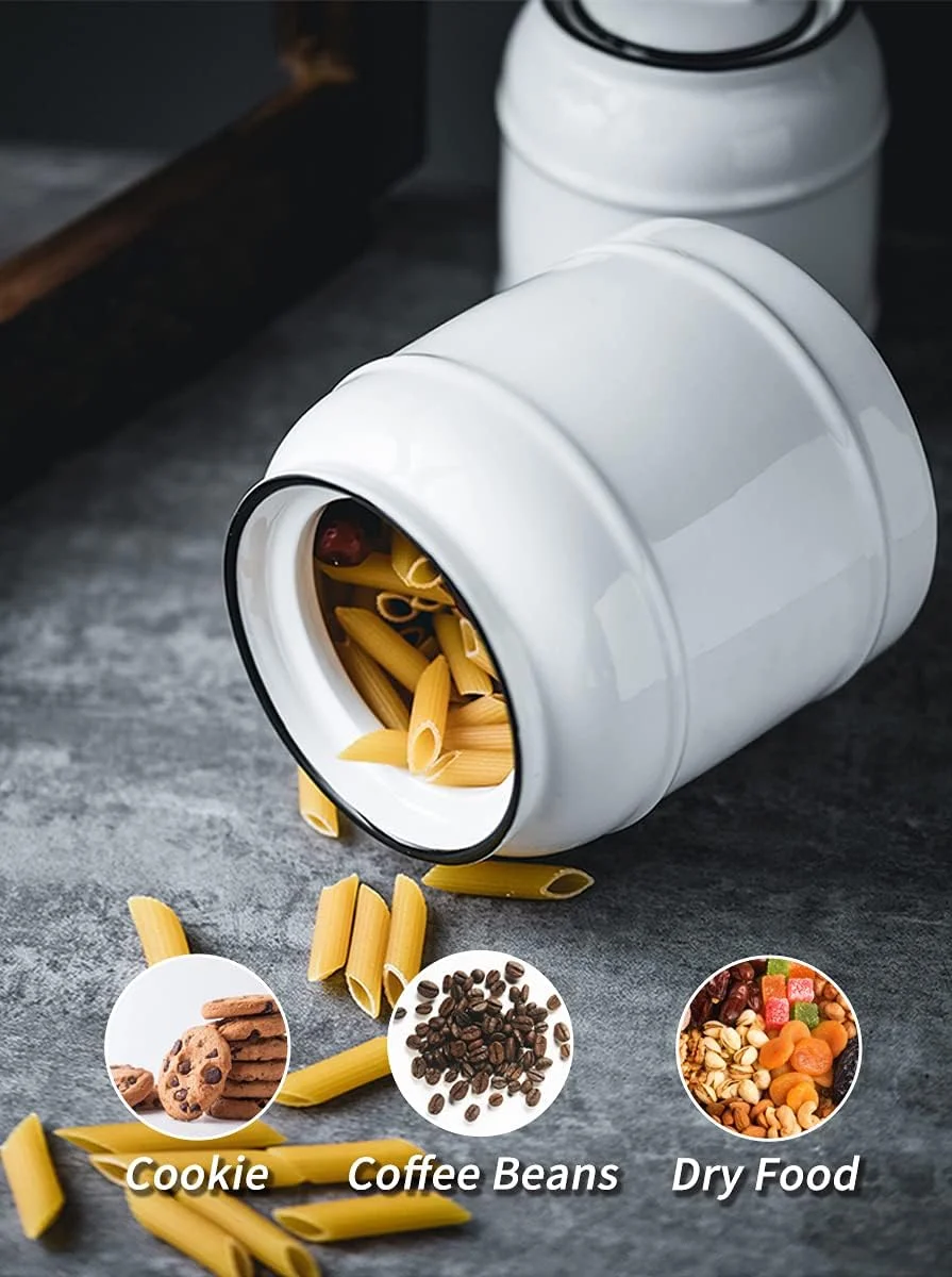 ظرف سرامیکی بزرگ درب دار کوکویا، مناسب نگهداری مواد غذایی خشک، ظرف آشپزخانه фармhouse گرد و سنگین برای نگهداری آبنبات، حبوبات، آرد، تنقلات، کلوچه و غلات (سفید)