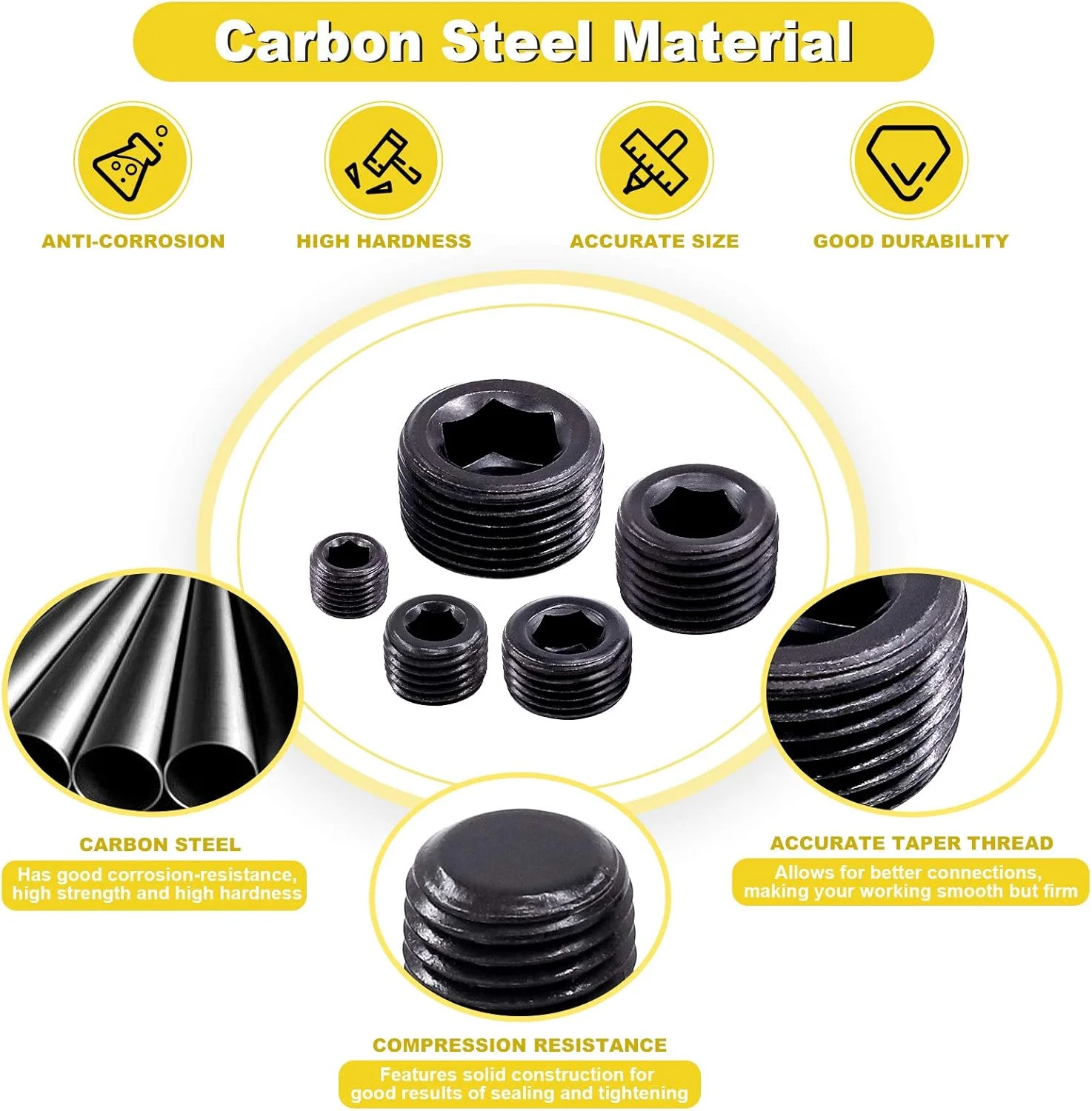 ماردات 10 عددی درپوش لوله NPT 1/4 اینچ، اتصالات فولادی کربنی با رزوه نر و سر آلن داخلی