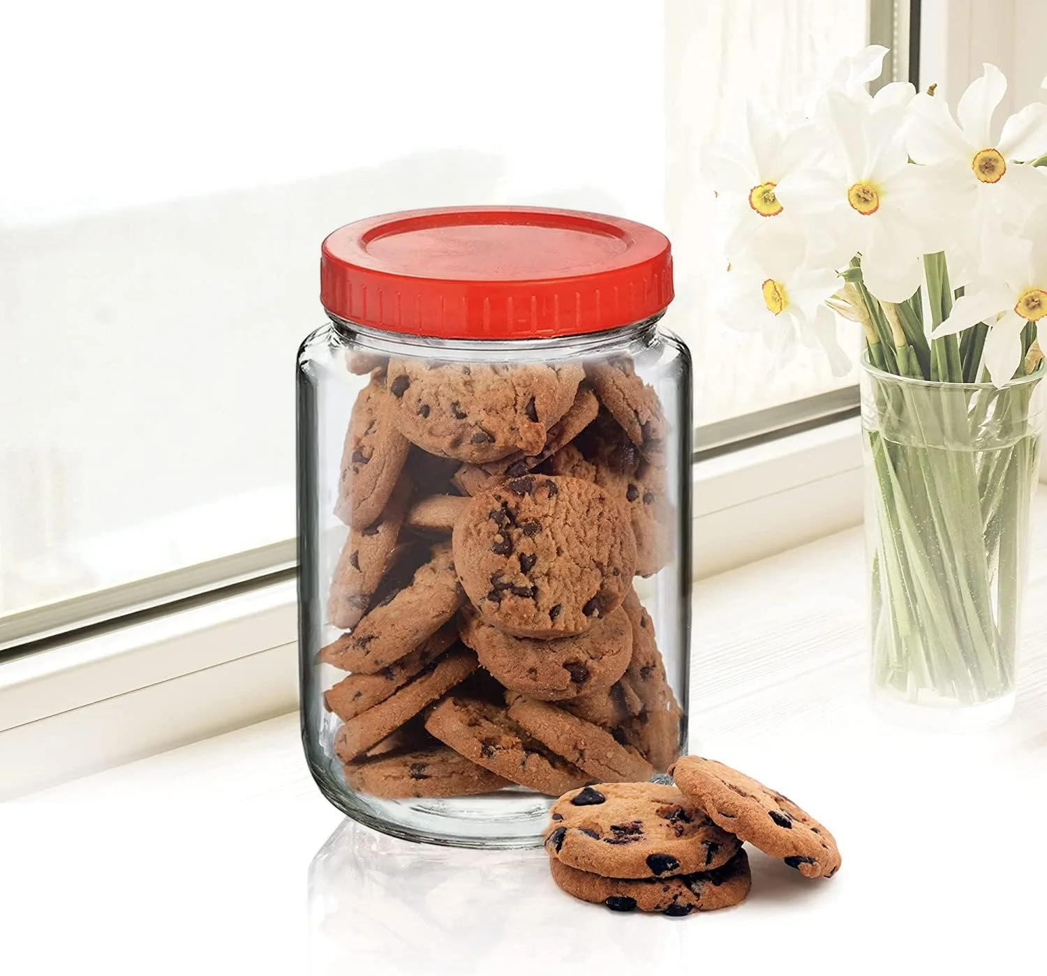 ظروف شیشه ای گرد پیرامال برای نگهداری مواد غذایی در آشپزخانه، تنقلات، ادویه جات، ترشیجات، میوه های خشک و دانه های قهوه با درب پلاستیکی قرمز (ظرف آهار 1000 میلی لیتر، مجموعه 6 عددی)