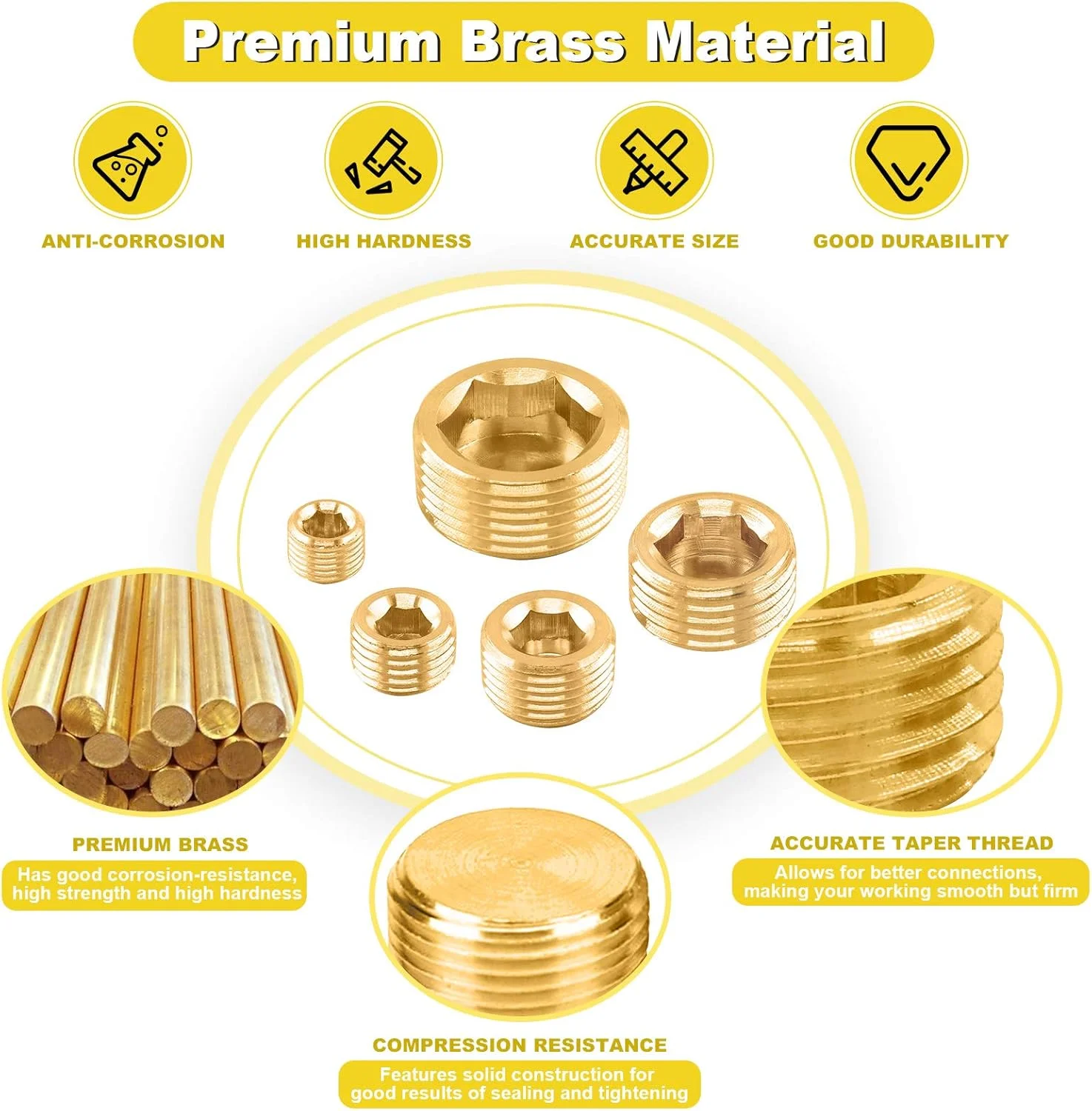 مجموعه 16 عددی پلاگ NPT برنجی Mardatt در 5 سایز مختلف، 1/8 اینچ، 1/4 اینچ، 3/8 اینچ، 1/2 اینچ، 3/4 اینچ، اتصالات لوله با رزوه نر و سوکت شش گوش داخلی